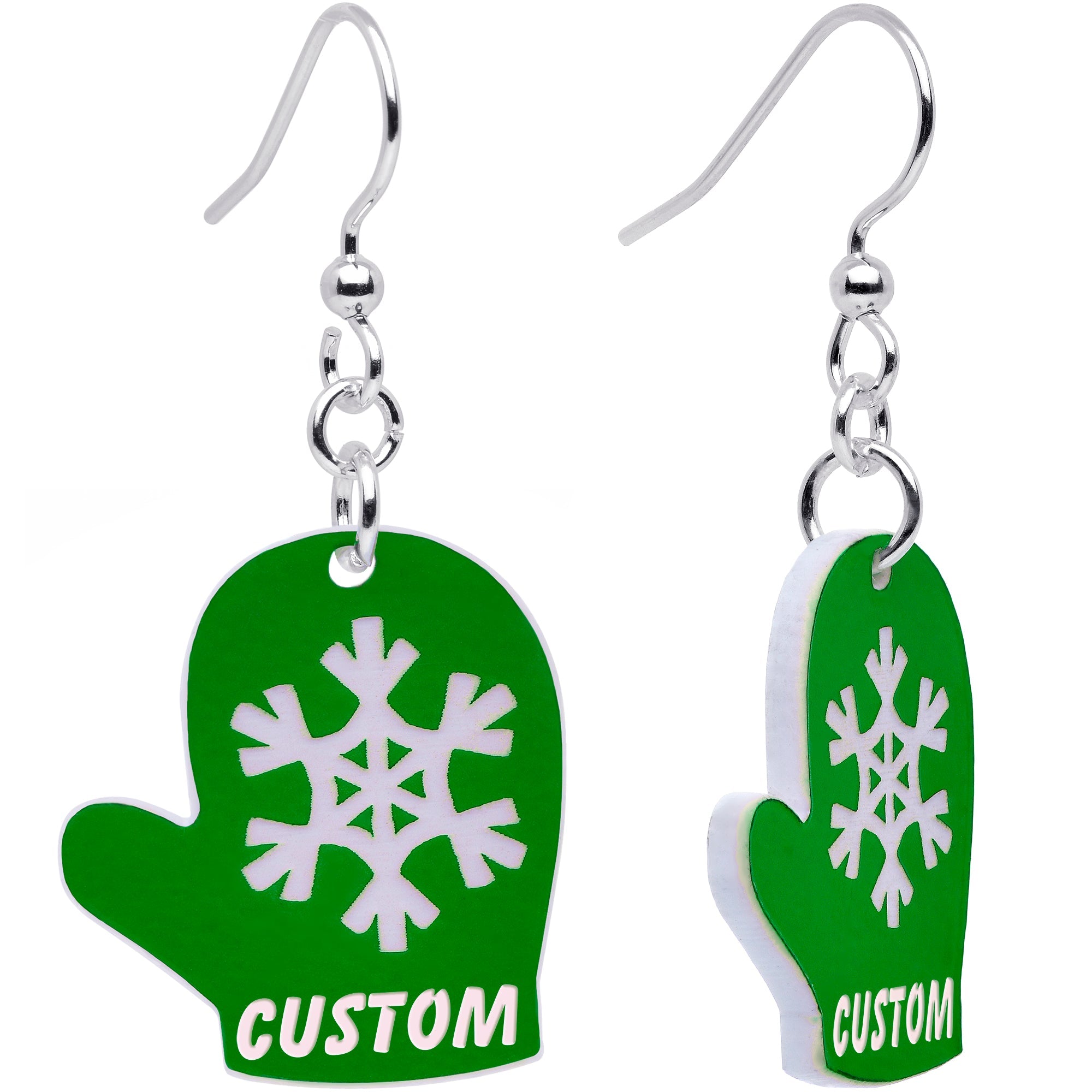 BodyCandy Custom Holiday Mittens Personalized Dangle Earrings — in-use photo