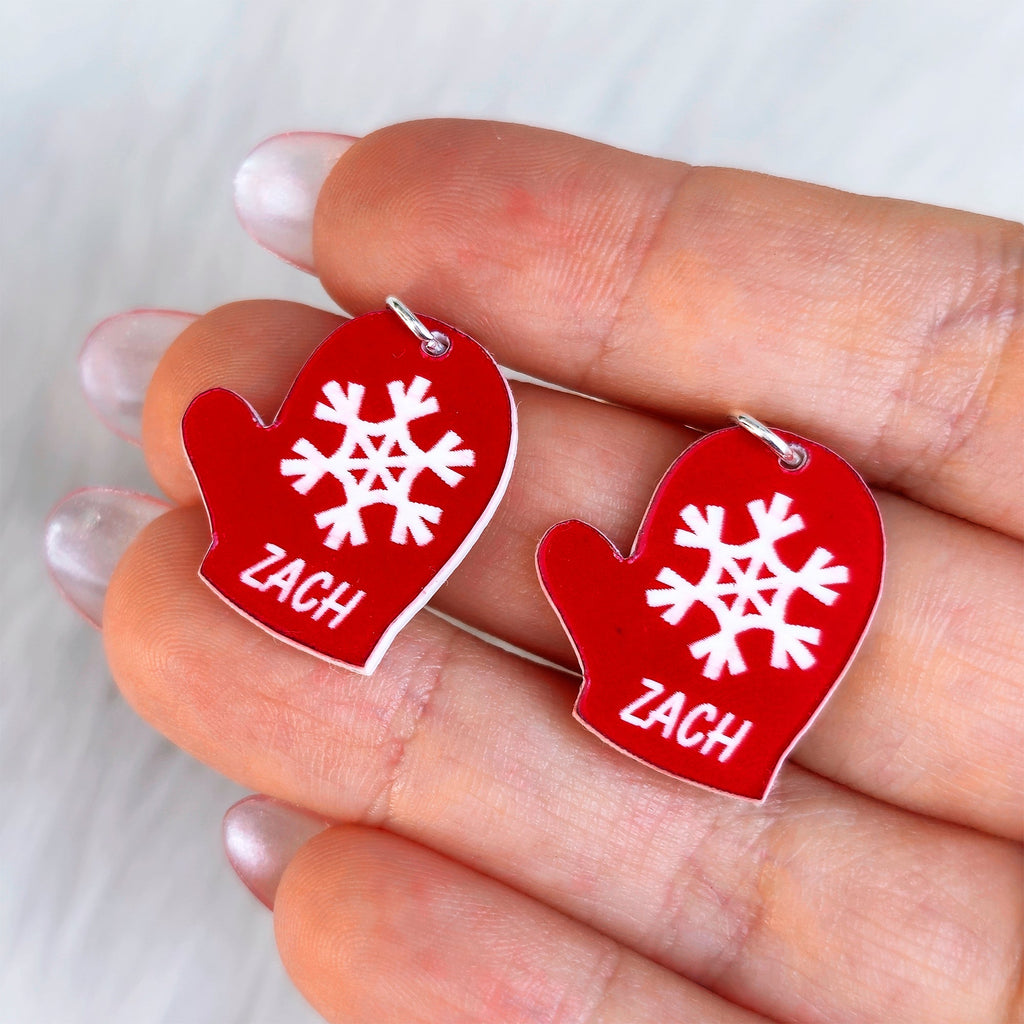 BodyCandy Custom Holiday Mittens Personalized Dangle Earrings — detail close-up
