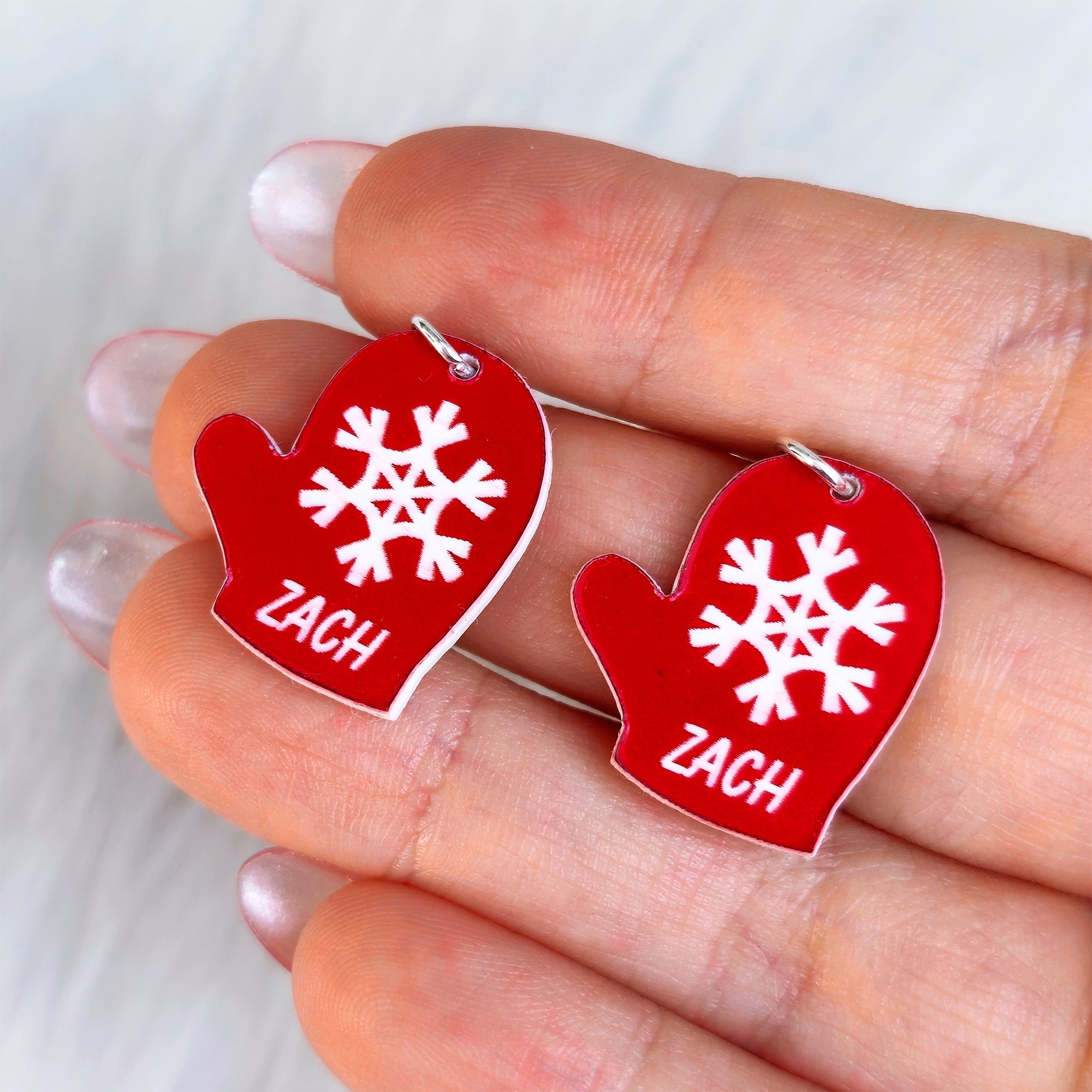 BodyCandy Custom Holiday Mittens Personalized Dangle Earrings — detail close-up