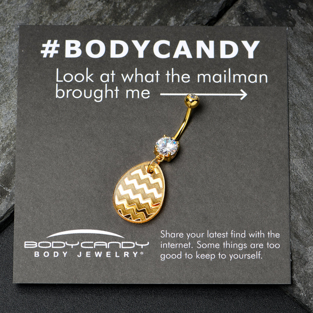 BodyCandy Clear Gem Yellow Golden Easter Decorated Egg Dangle Belly Ring — detail close-up