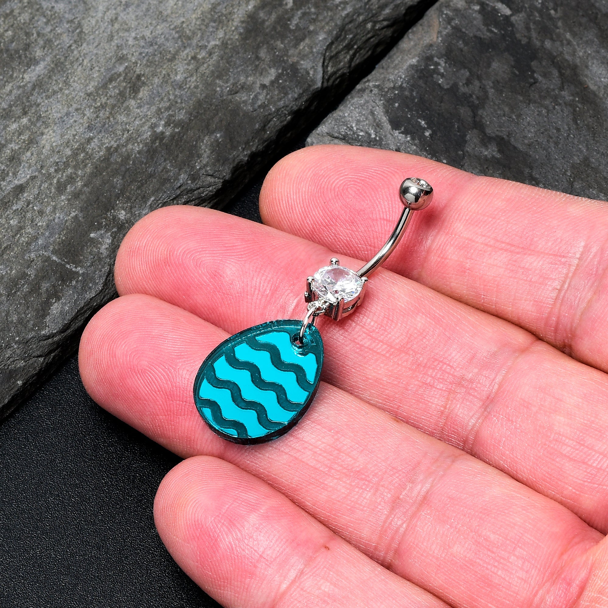 BodyCandy Clear Gem Festive Easter Decorated Egg Dangle Belly Ring — detail close-up