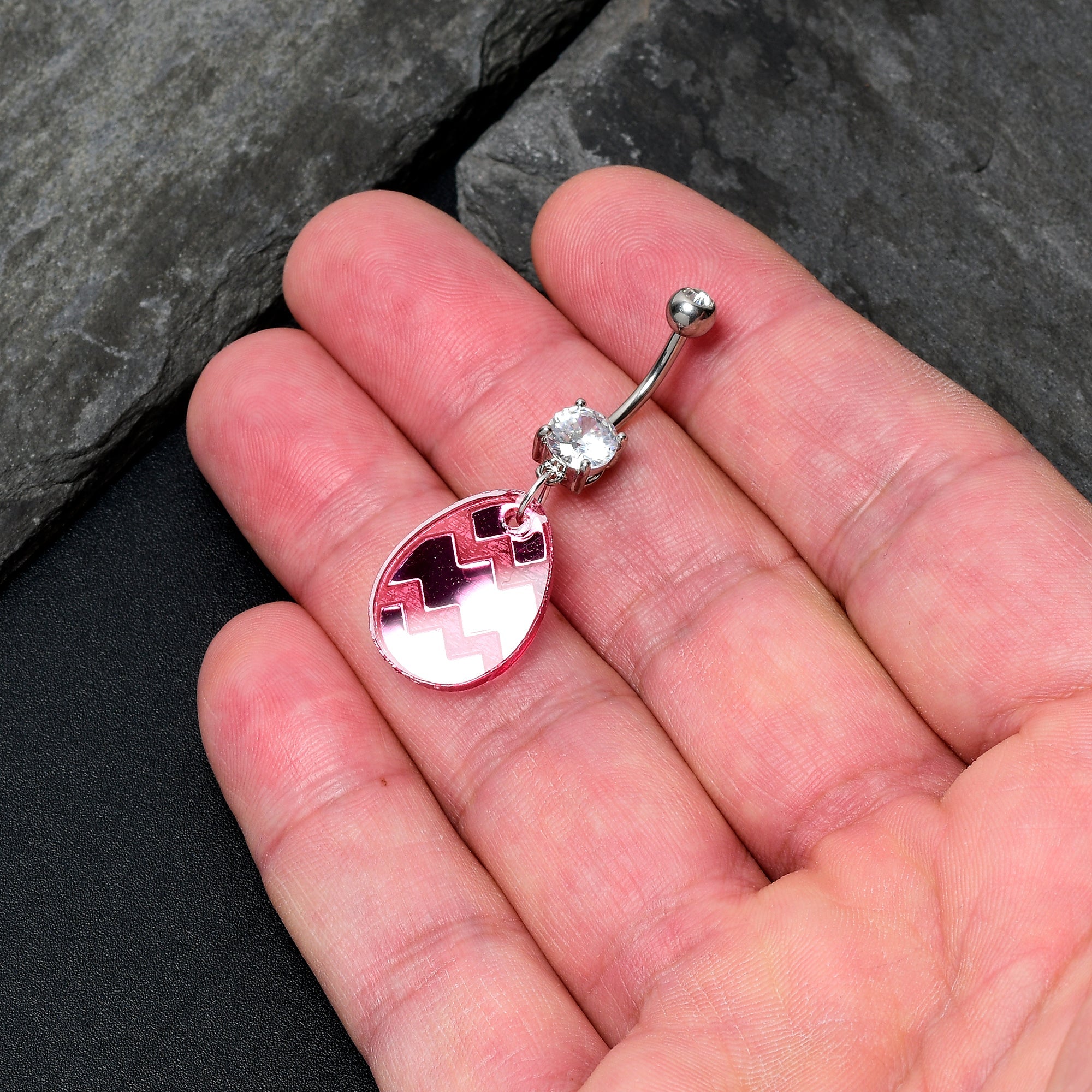 BodyCandy Clear Gem Pink Easter Decorated Egg Dangle Belly Ring — detail close-up