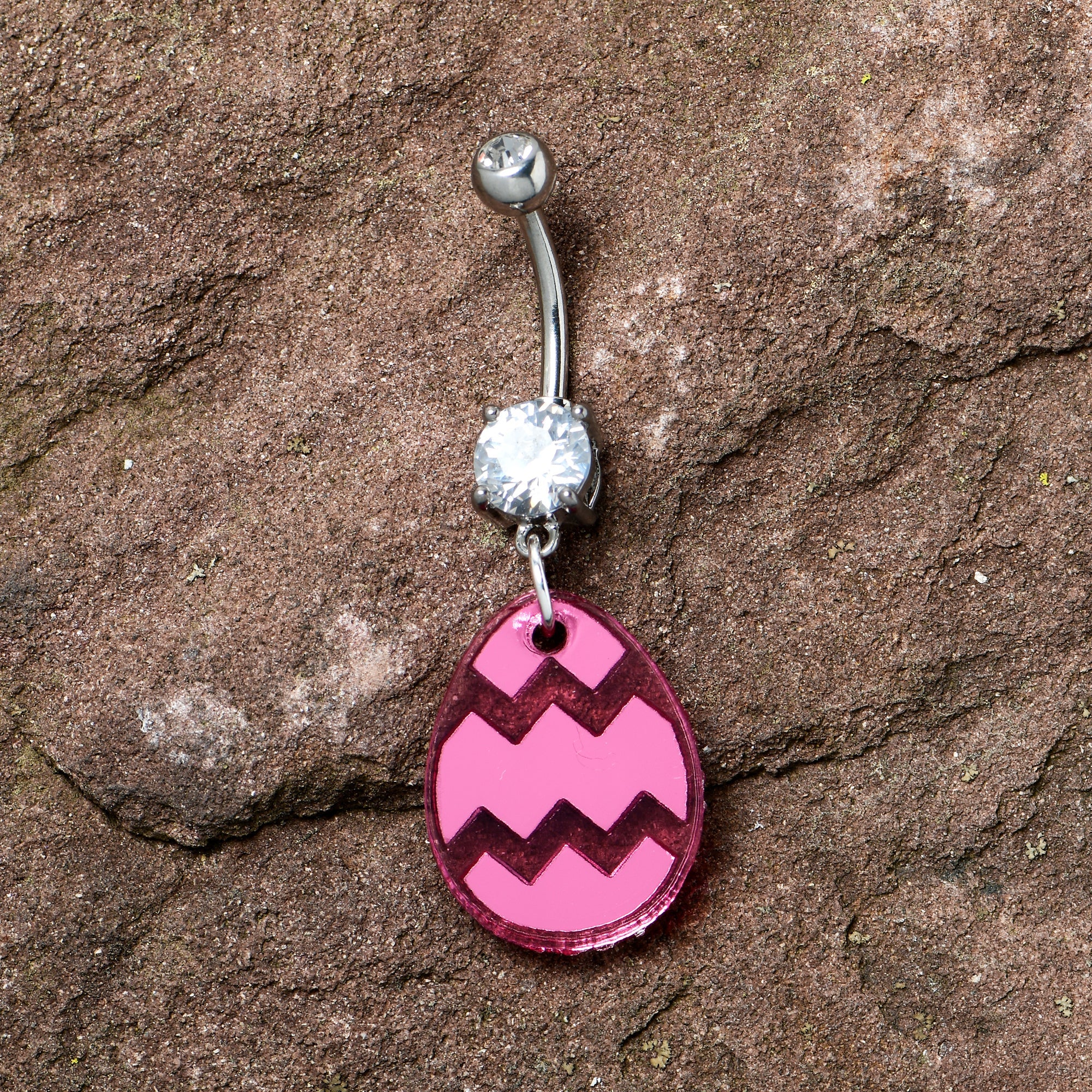 BodyCandy Clear Gem Pink Easter Decorated Egg Dangle Belly Ring — side view