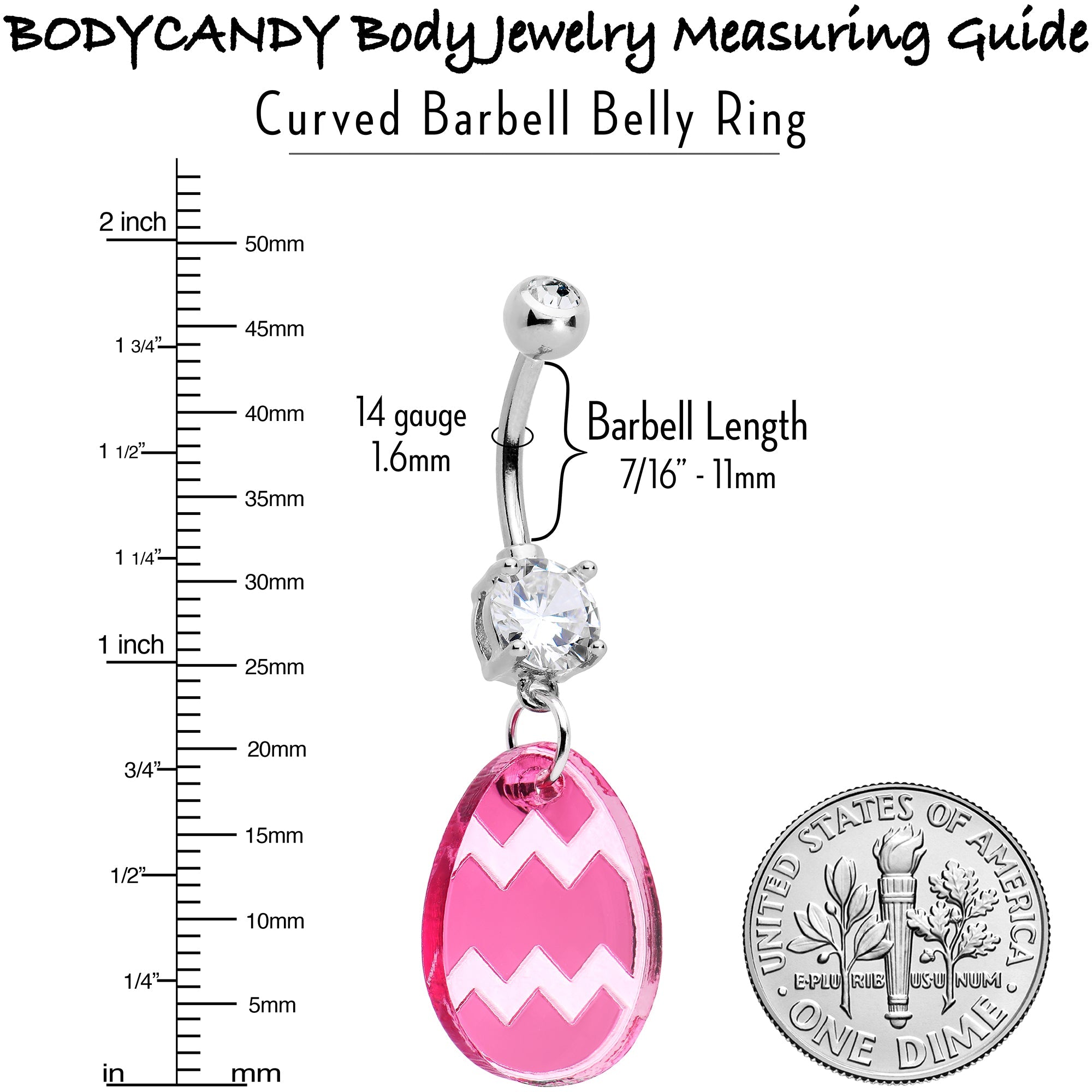BodyCandy Clear Gem Pink Easter Decorated Egg Dangle Belly Ring — size reference