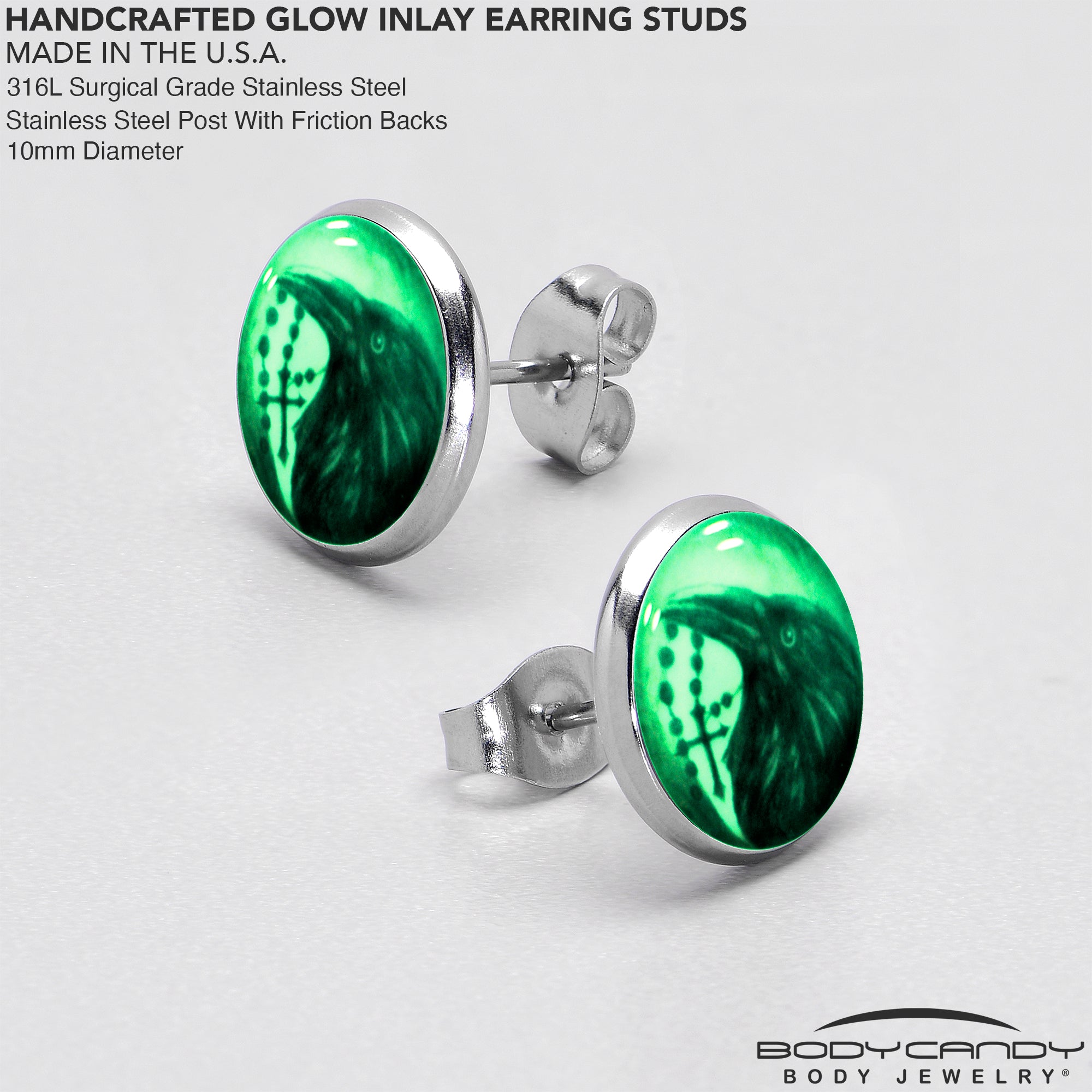 BodyCandy Raven and Cross Glow in the Dark Stud Earrings — size reference