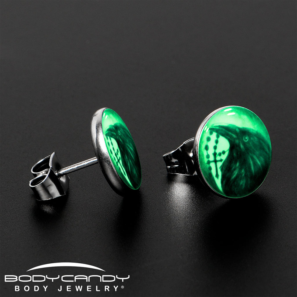 BodyCandy Raven and Cross Glow in the Dark Stud Earrings — color detail