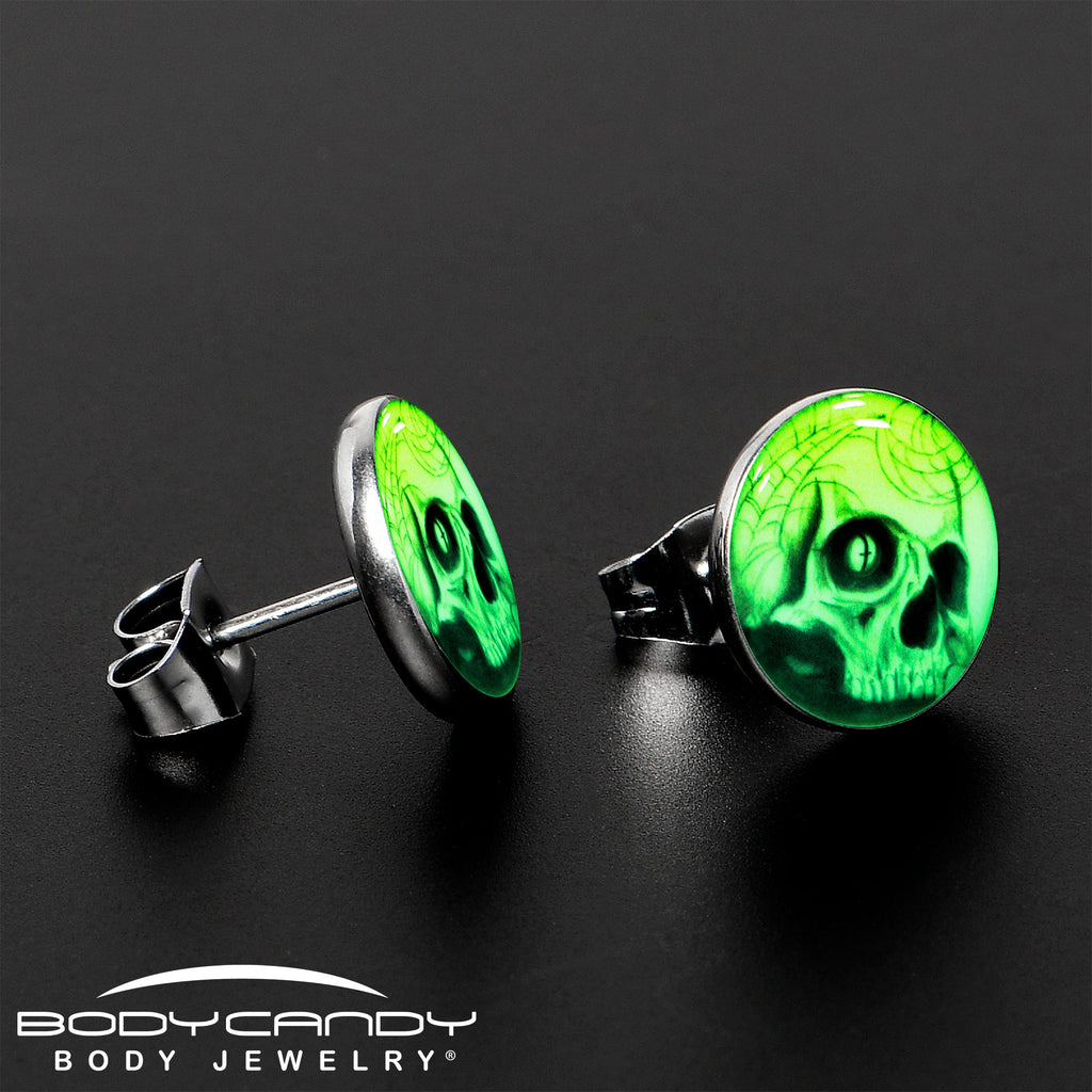 BodyCandy Webbed Skull Glow in the Dark Stud Earrings — size reference