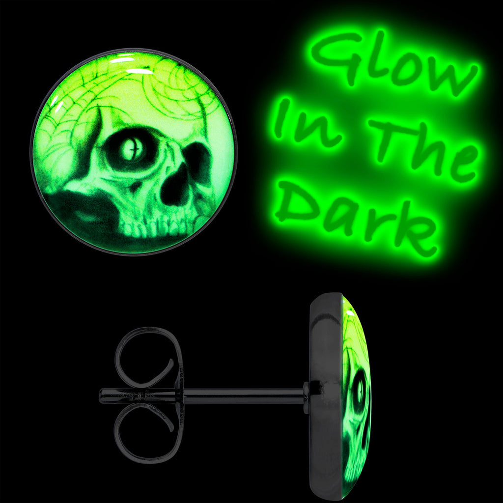 BodyCandy Webbed Skull Glow in the Dark Stud Earrings — detail close-up