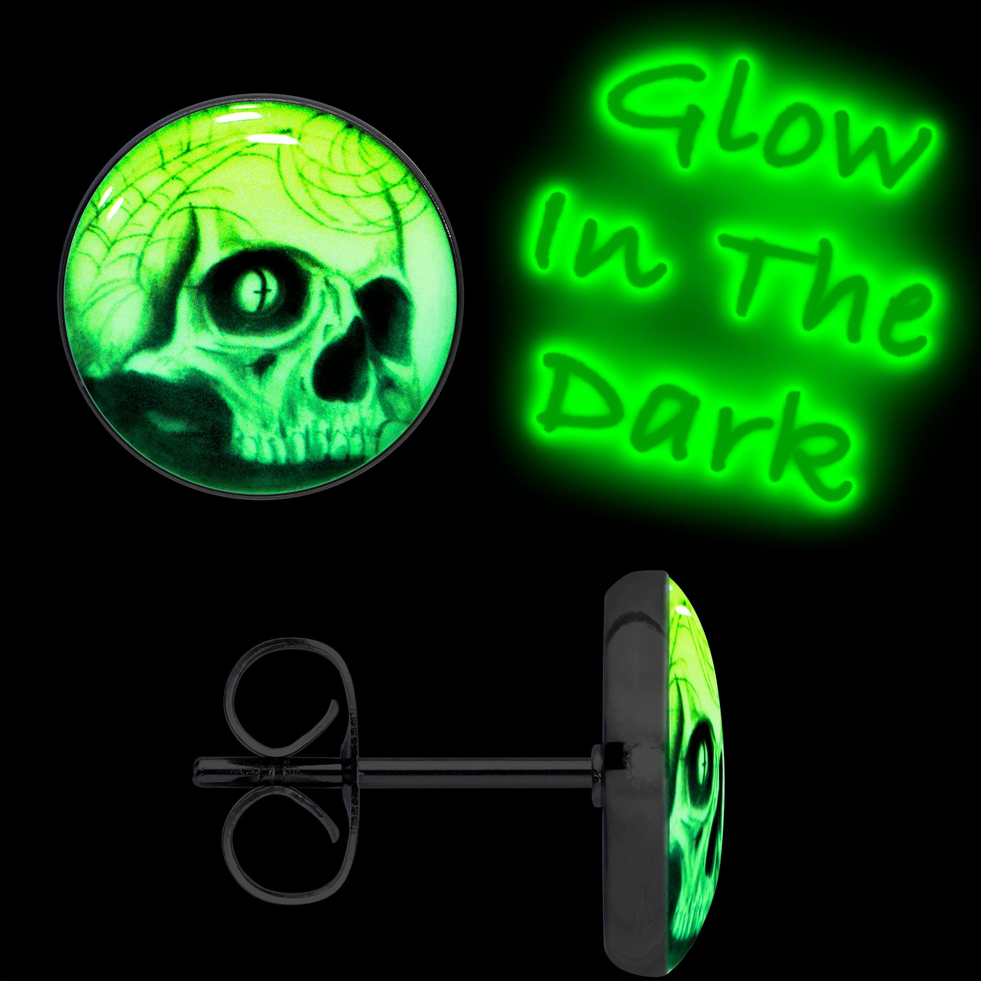 BodyCandy Webbed Skull Glow in the Dark Stud Earrings — detail close-up