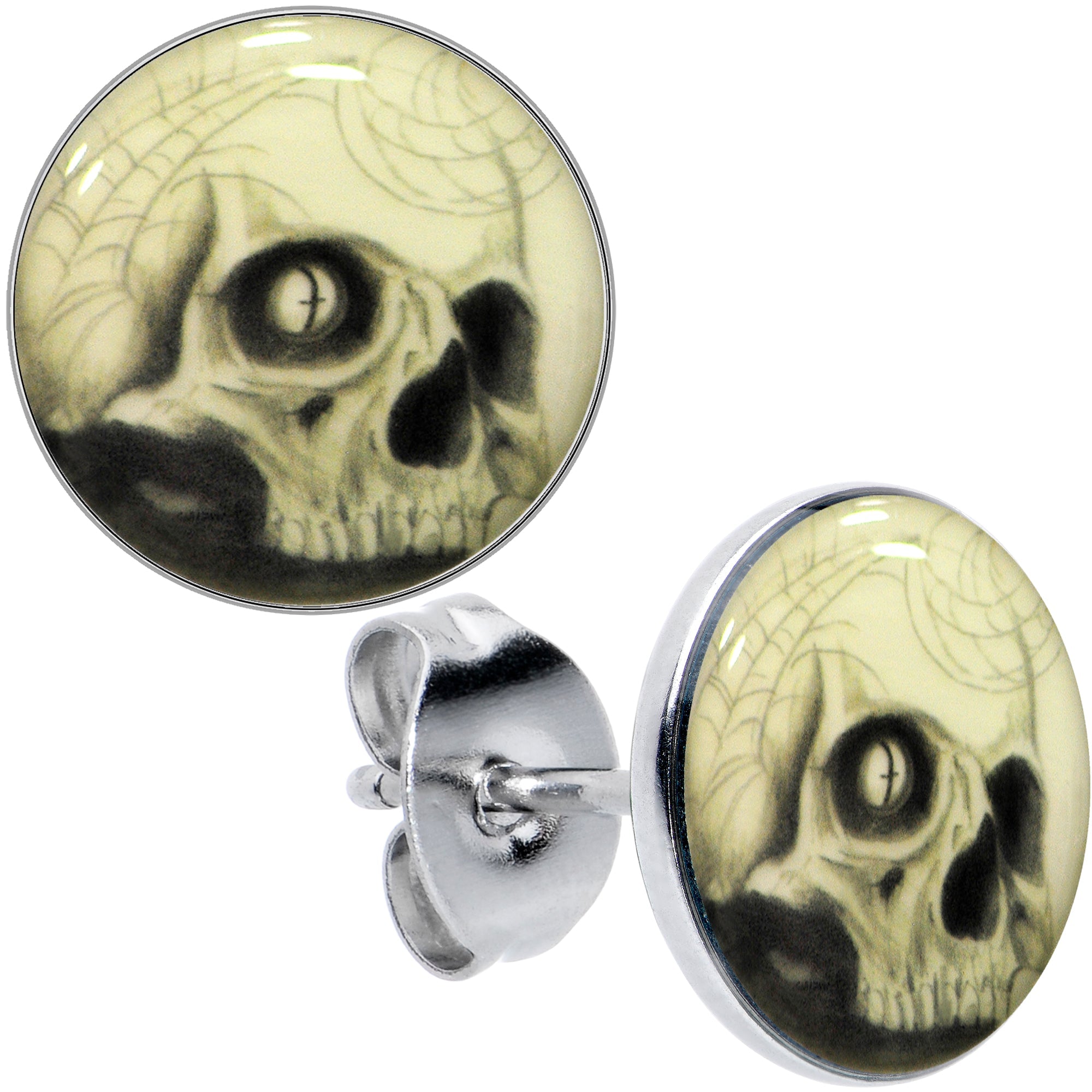 BodyCandy Webbed Skull Glow in the Dark Stud Earrings — color detail