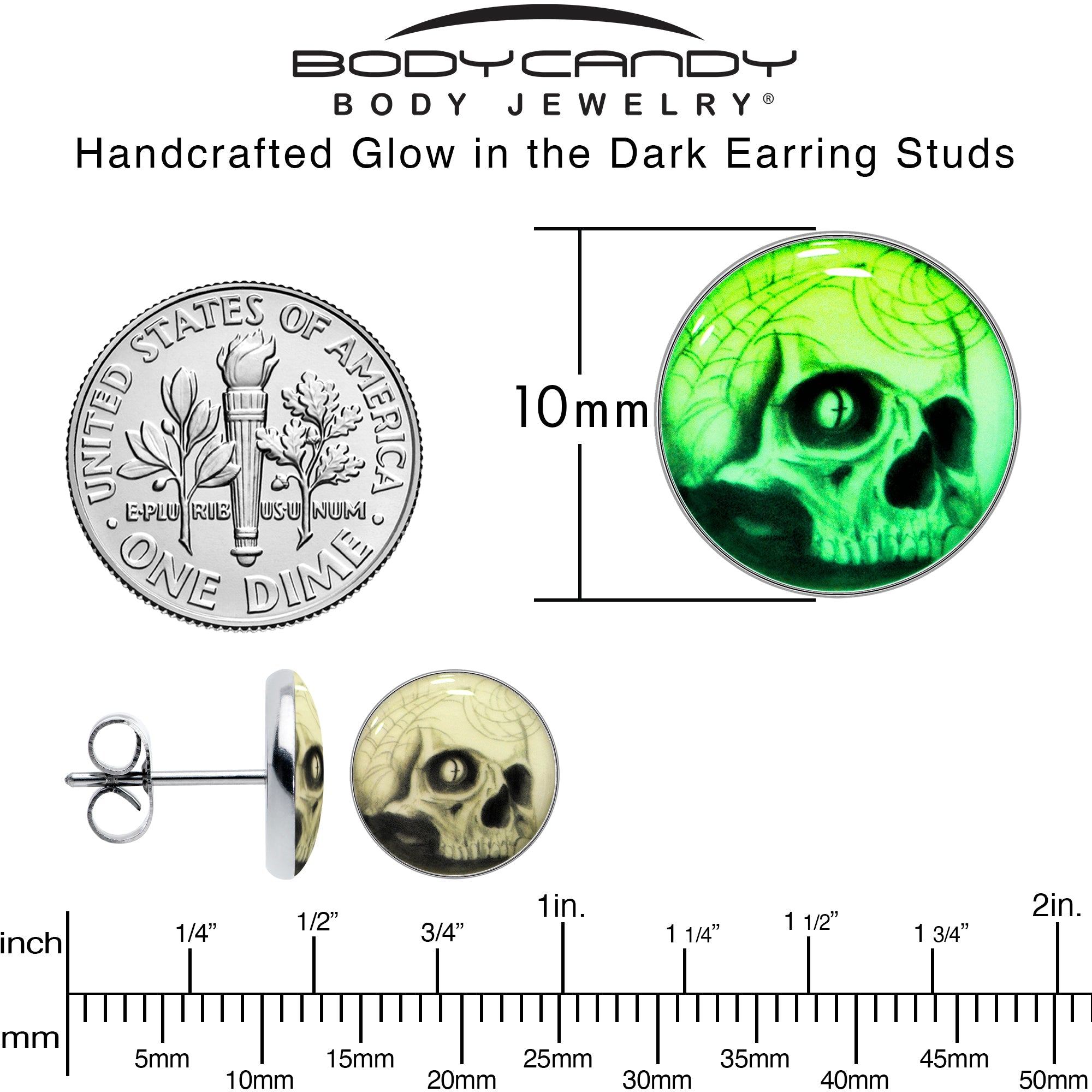 BodyCandy Webbed Skull Glow in the Dark Stud Earrings — in-use photo