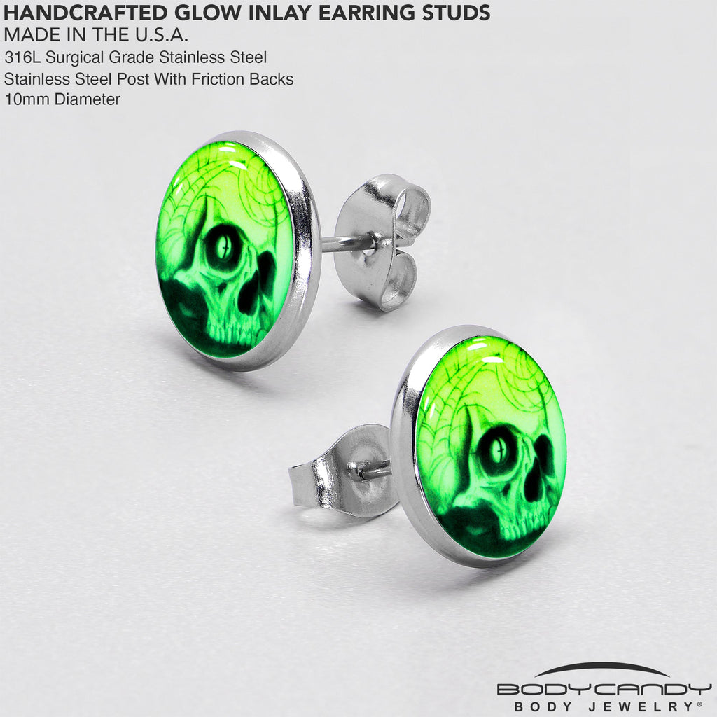 BodyCandy Webbed Skull Glow in the Dark Stud Earrings — back view