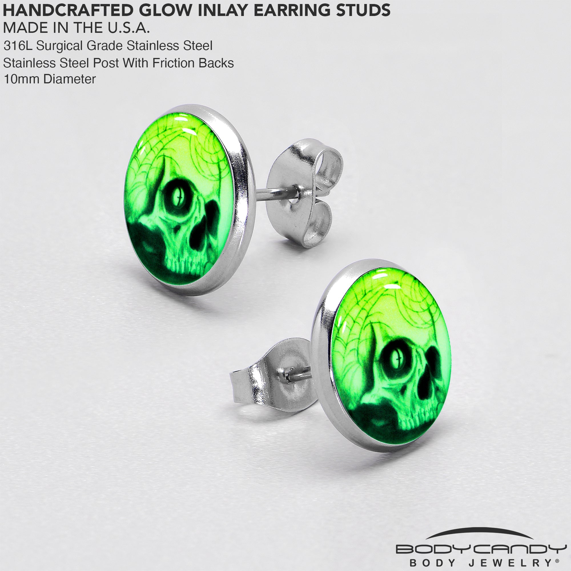 BodyCandy Webbed Skull Glow in the Dark Stud Earrings — back view