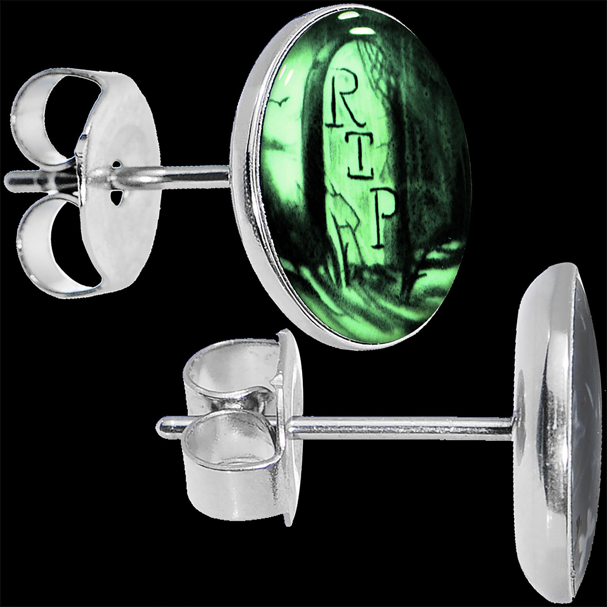 BodyCandy RIP Tombstone Glow in the Dark Stud Earrings — detail close-up