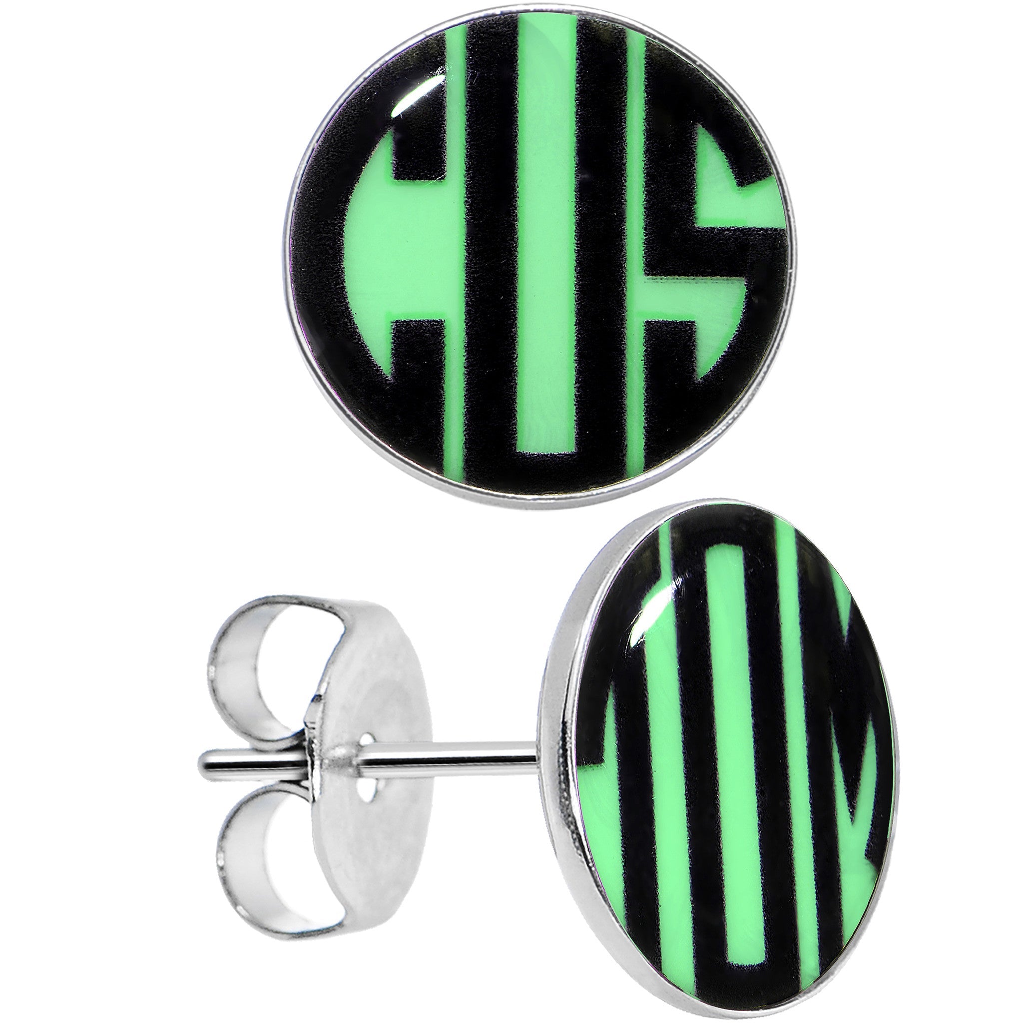 BodyCandy Glow in the Dark Custom Initial Personalized Logo Stud Earrings — detail close-up