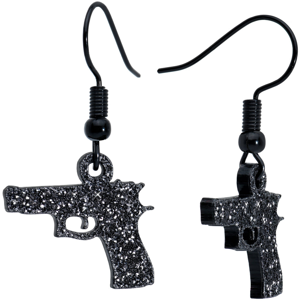 BodyCandy Black Glitter Gun Fishhook Dangle Earrings — main product shot