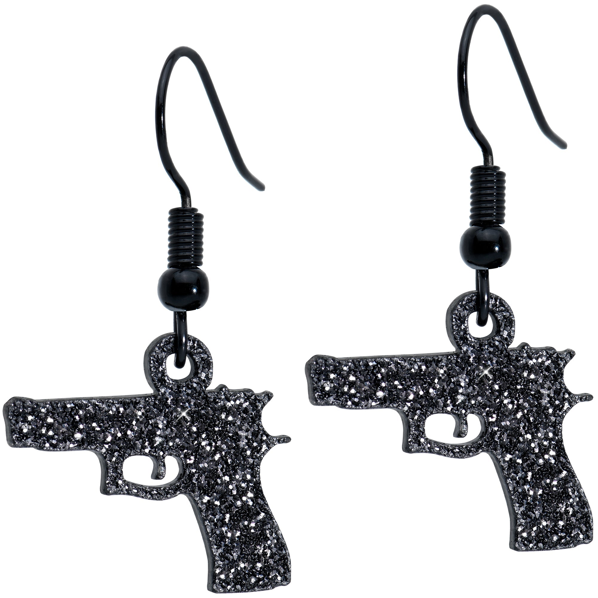 BodyCandy Black Glitter Gun Fishhook Dangle Earrings — detail close-up