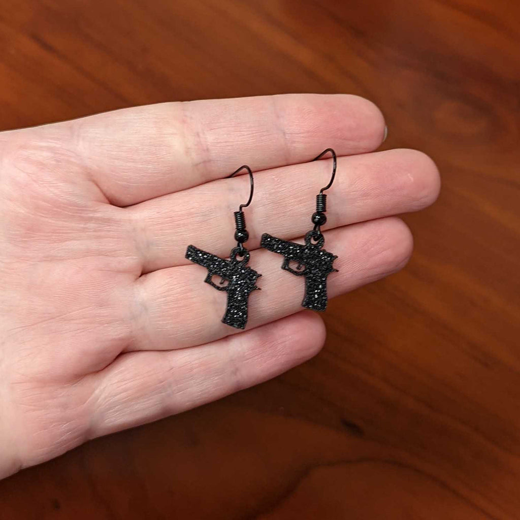BodyCandy Black Glitter Gun Fishhook Dangle Earrings — side view