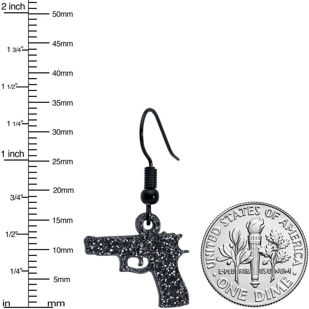 BodyCandy Black Glitter Gun Fishhook Dangle Earrings — back view
