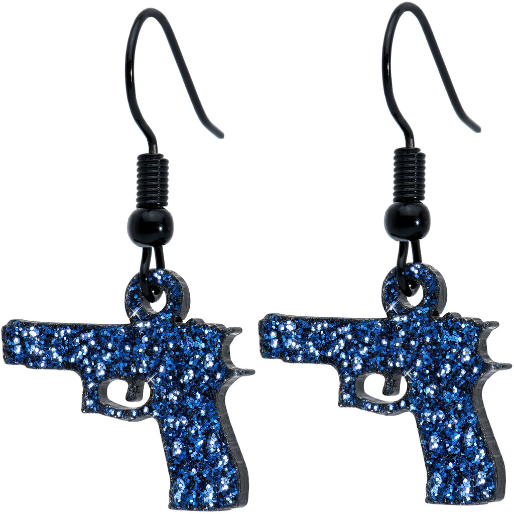 BodyCandy Blue Glitter Gun Fishhook Dangle Earrings — detail close-up
