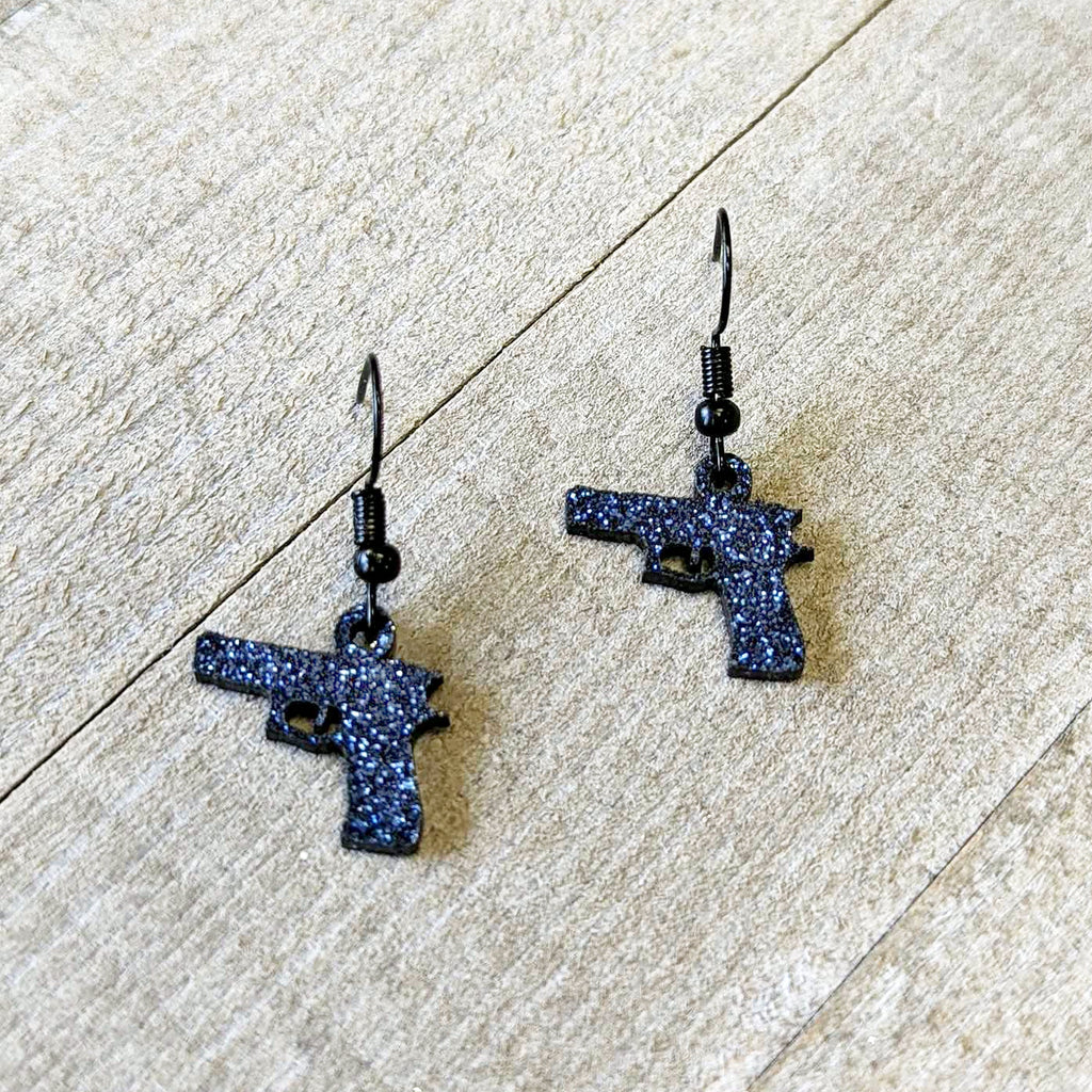 BodyCandy Blue Glitter Gun Fishhook Dangle Earrings — side view
