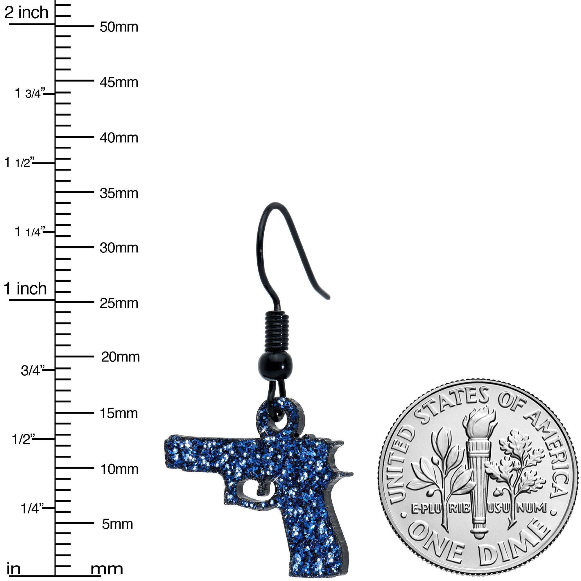 BodyCandy Blue Glitter Gun Fishhook Dangle Earrings — back view