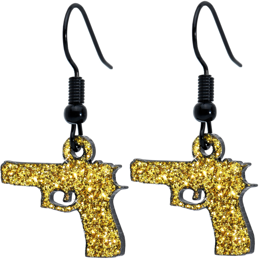 BodyCandy Yellow Glitter Gun Fishhook Dangle Earrings — detail close-up