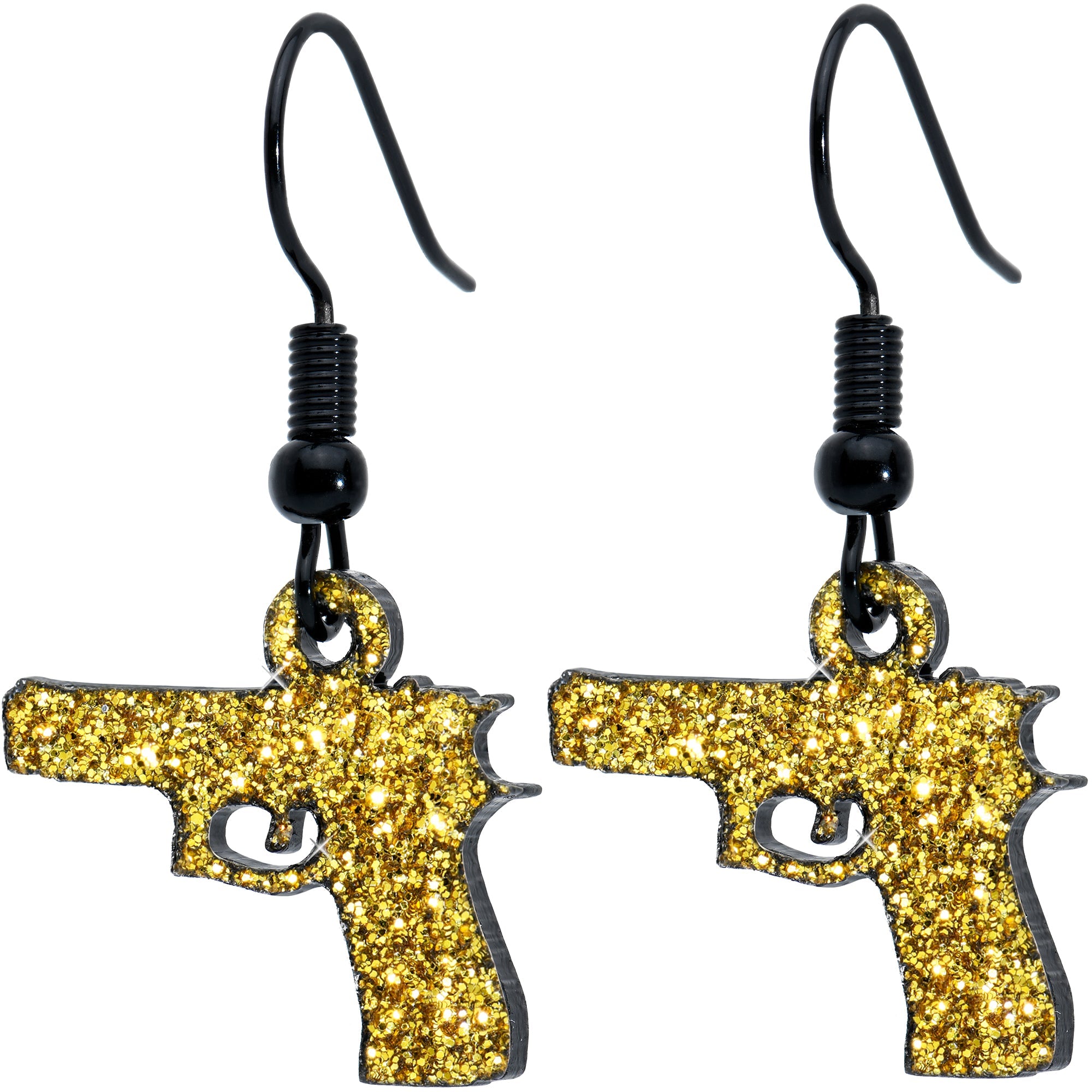 BodyCandy Yellow Glitter Gun Fishhook Dangle Earrings — detail close-up