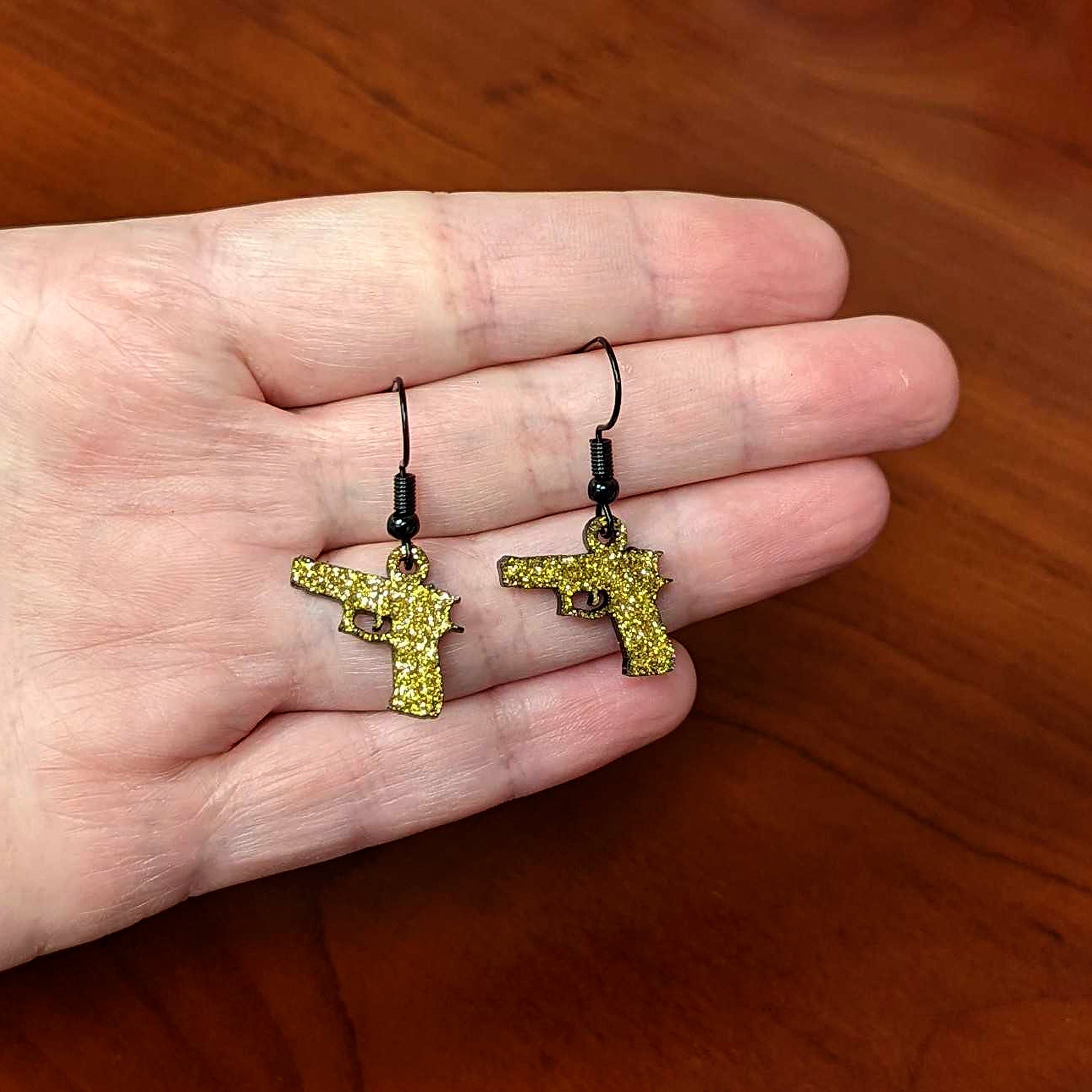 BodyCandy Yellow Glitter Gun Fishhook Dangle Earrings — side view