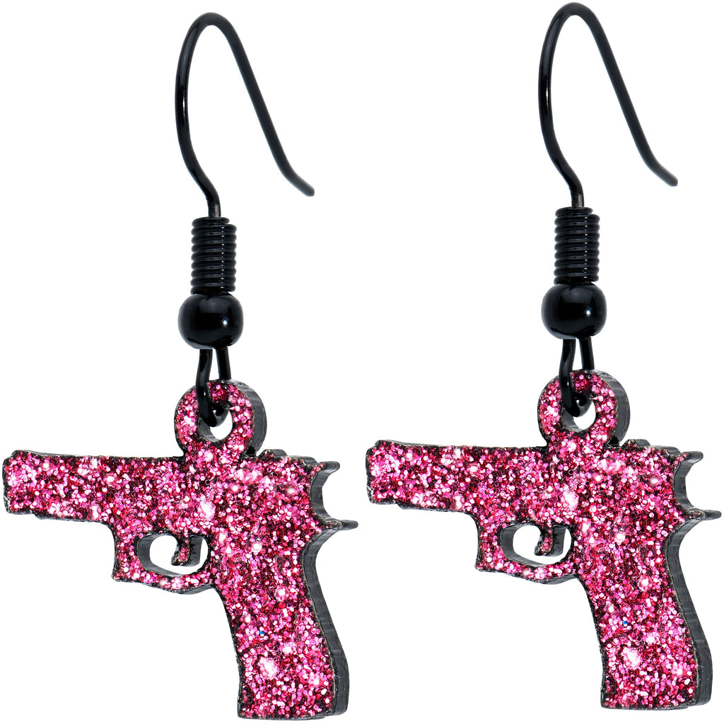 BodyCandy Pink Glitter Gun Fishhook Dangle Earrings — detail close-up