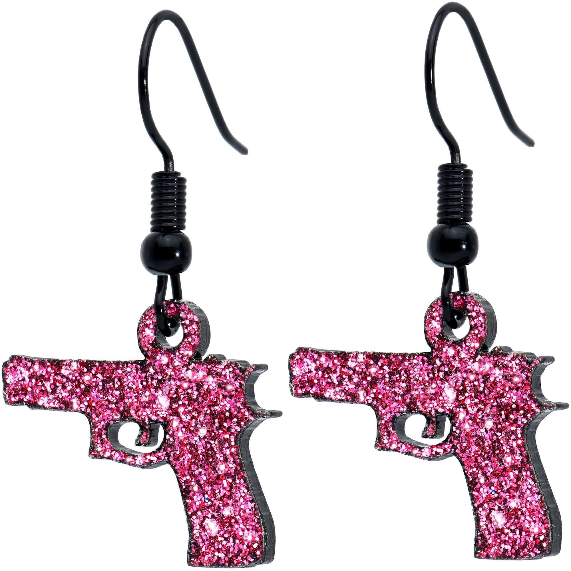 BodyCandy Pink Glitter Gun Fishhook Dangle Earrings — detail close-up