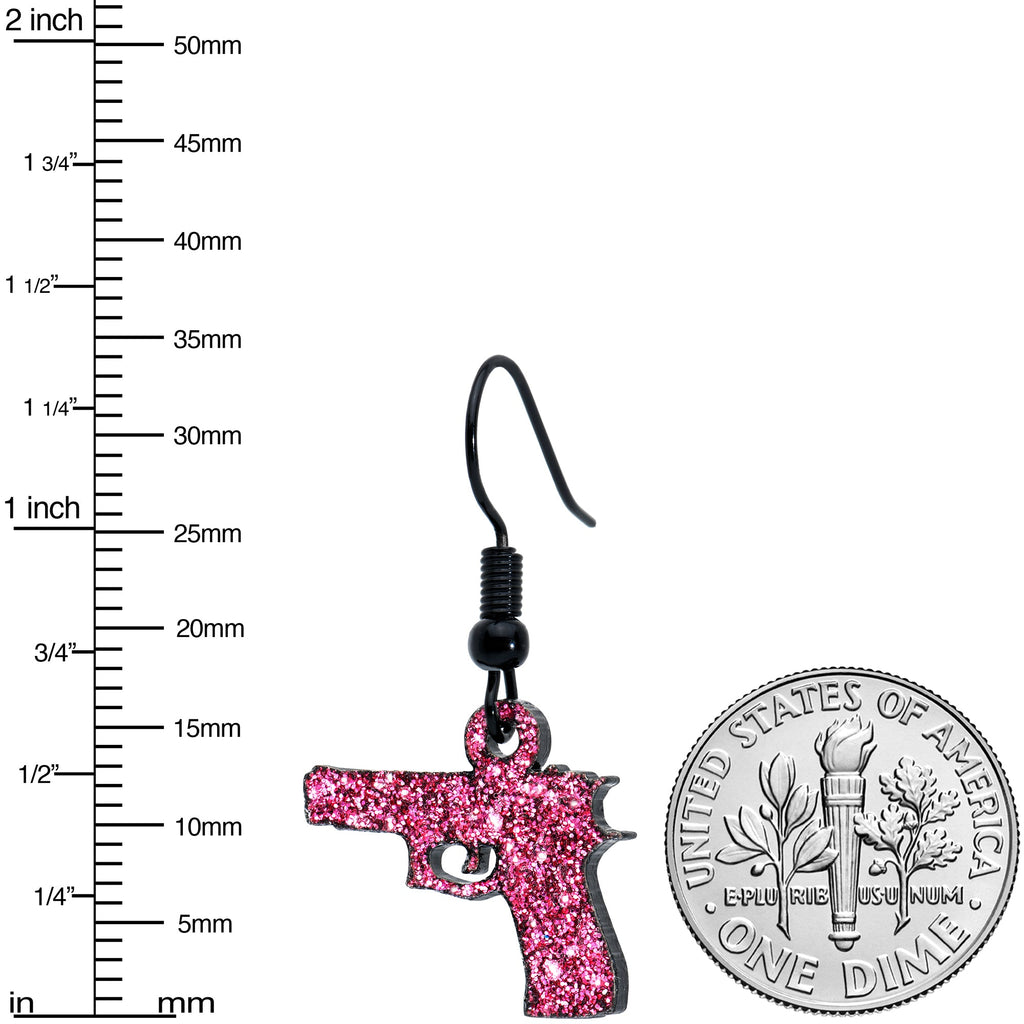 BodyCandy Pink Glitter Gun Fishhook Dangle Earrings — back view