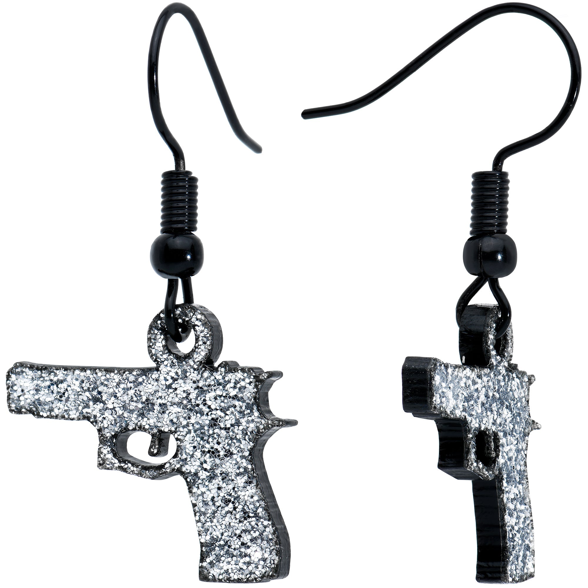 BodyCandy Silver Glitter Gun Fishhook Dangle Earrings — main product shot