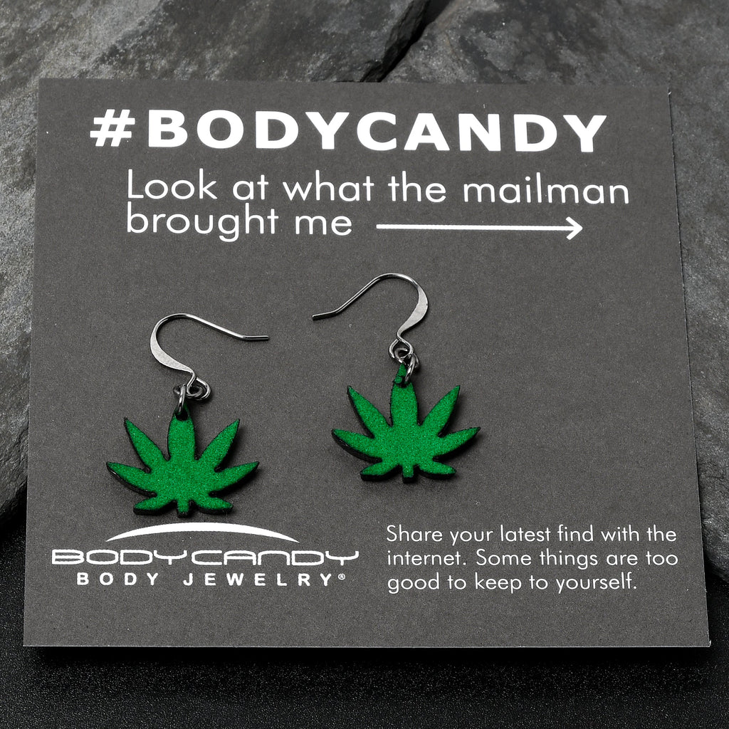 BodyCandy Green Marijuana Pot Leaf Dangle Earrings — side view