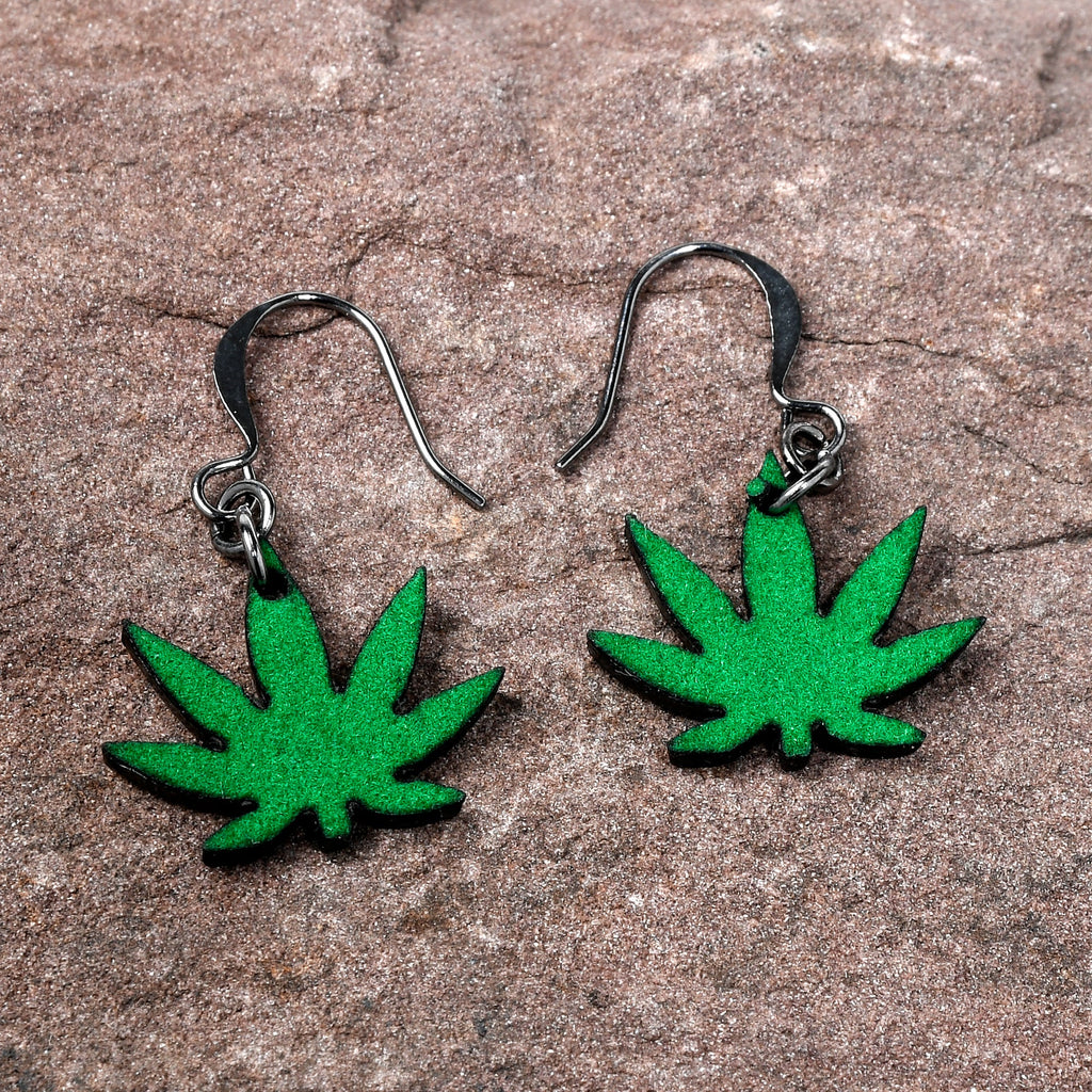 BodyCandy Green Marijuana Pot Leaf Dangle Earrings — back view