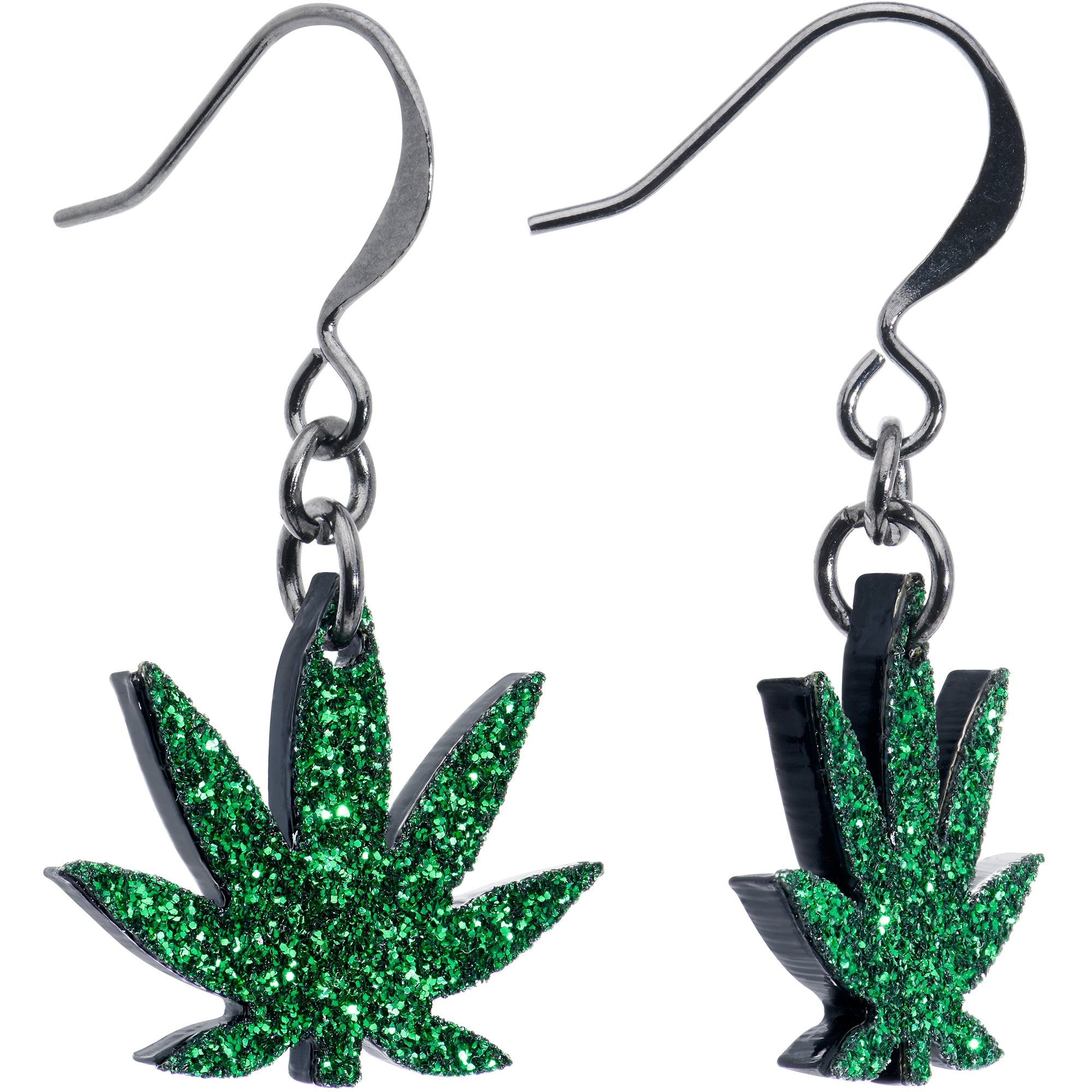 BodyCandy Green Glitter Marijuana Pot Leaf Dangle Earrings — main product shot