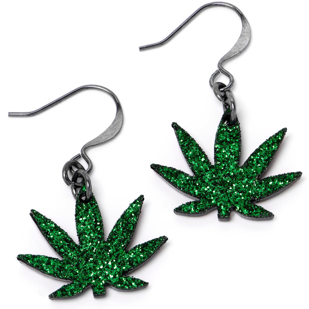 BodyCandy Green Glitter Marijuana Pot Leaf Dangle Earrings — lifestyle context