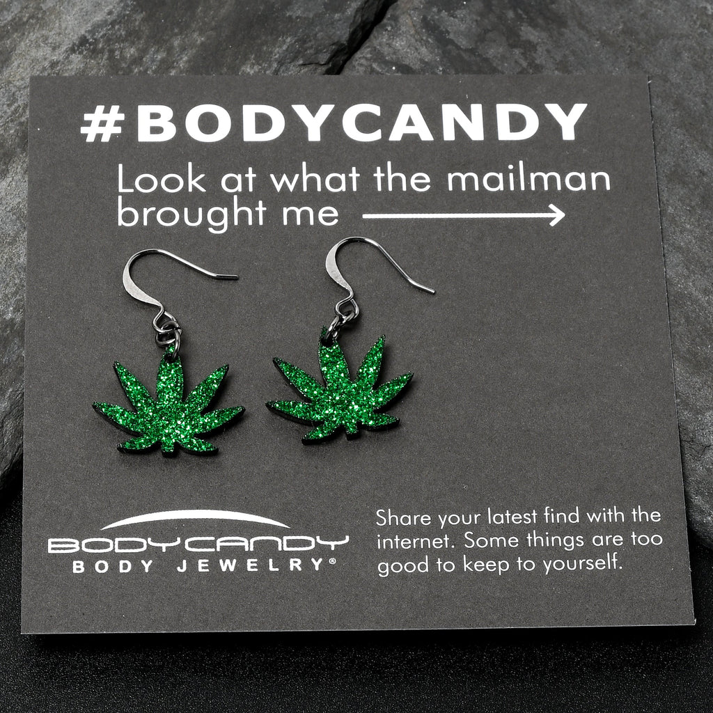 BodyCandy Green Glitter Marijuana Pot Leaf Dangle Earrings — side view