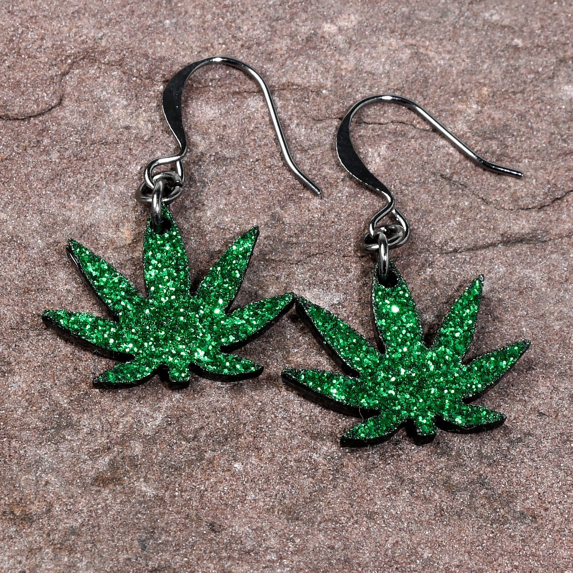 BodyCandy Green Glitter Marijuana Pot Leaf Dangle Earrings — back view