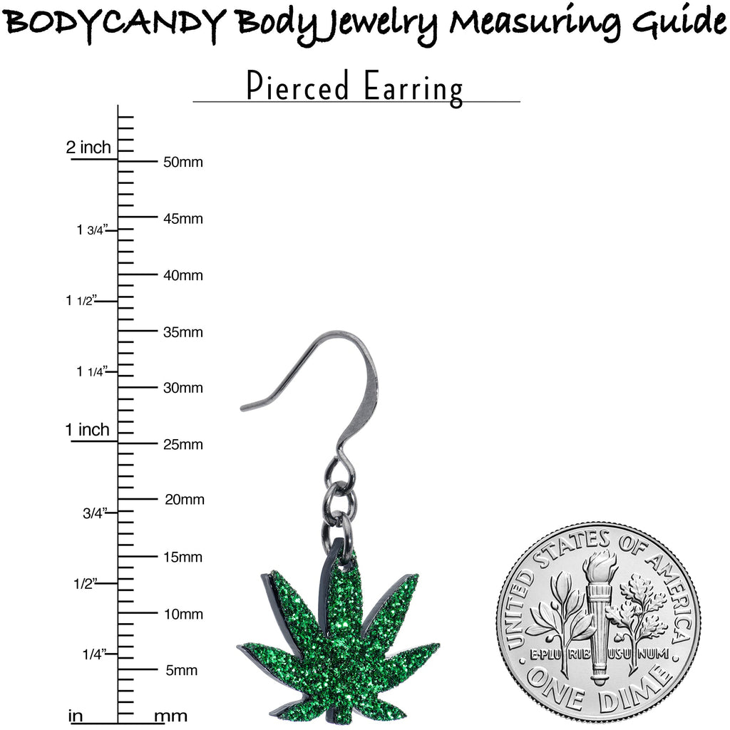 BodyCandy Green Glitter Marijuana Pot Leaf Dangle Earrings — alternative angle
