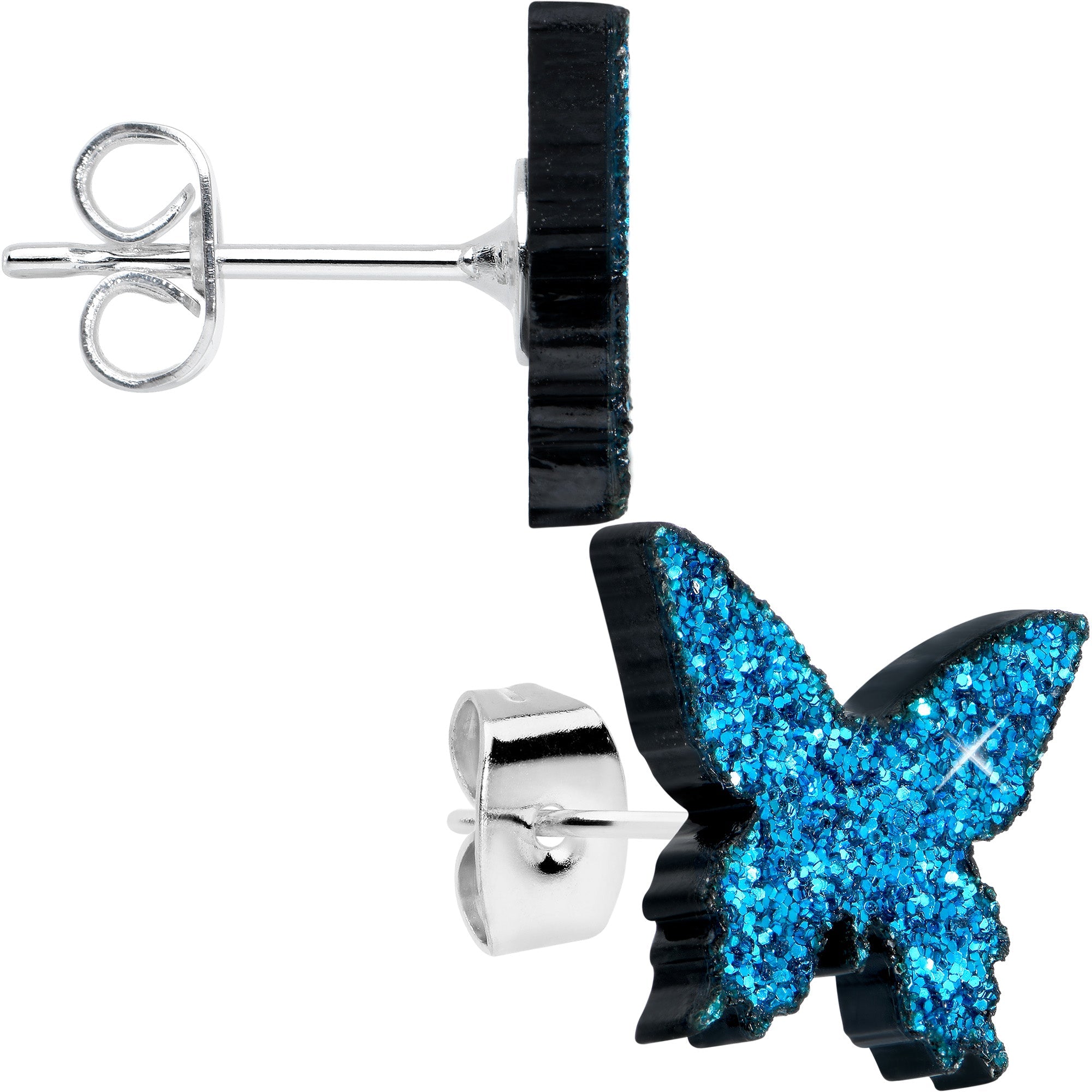 BodyCandy Blue Glitter Butterfly Stud Earring Set — detail close-up