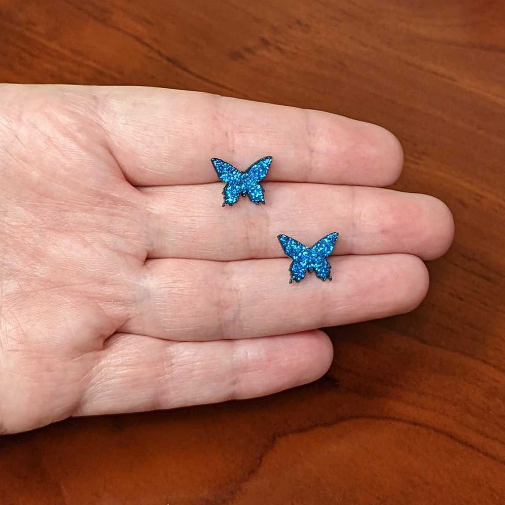 BodyCandy Blue Glitter Butterfly Stud Earring Set — side view