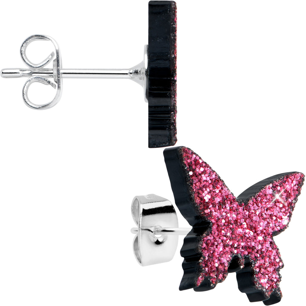BodyCandy Pink Glitter Butterfly Stud Earring Set — detail close-up