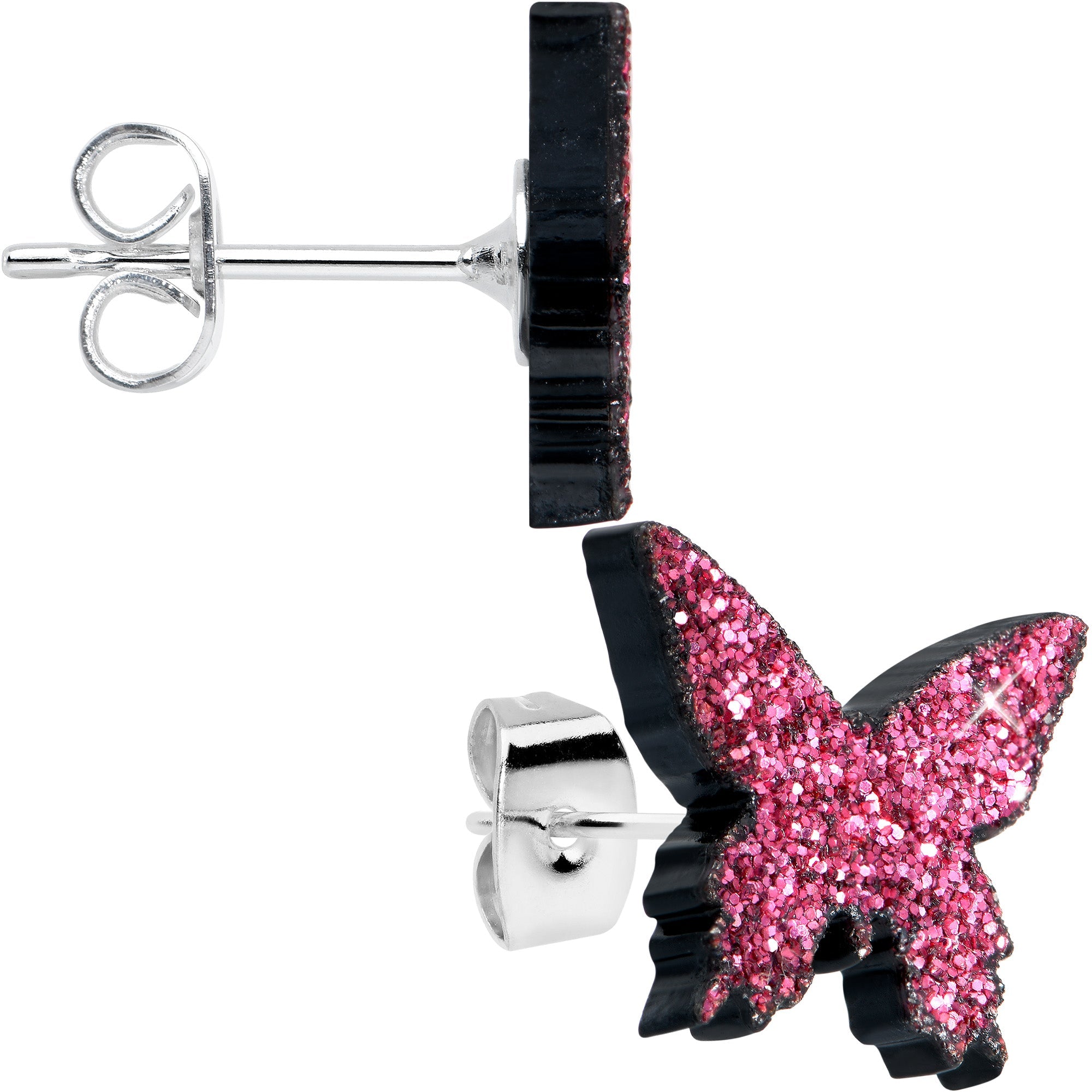 BodyCandy Pink Glitter Butterfly Stud Earring Set — detail close-up