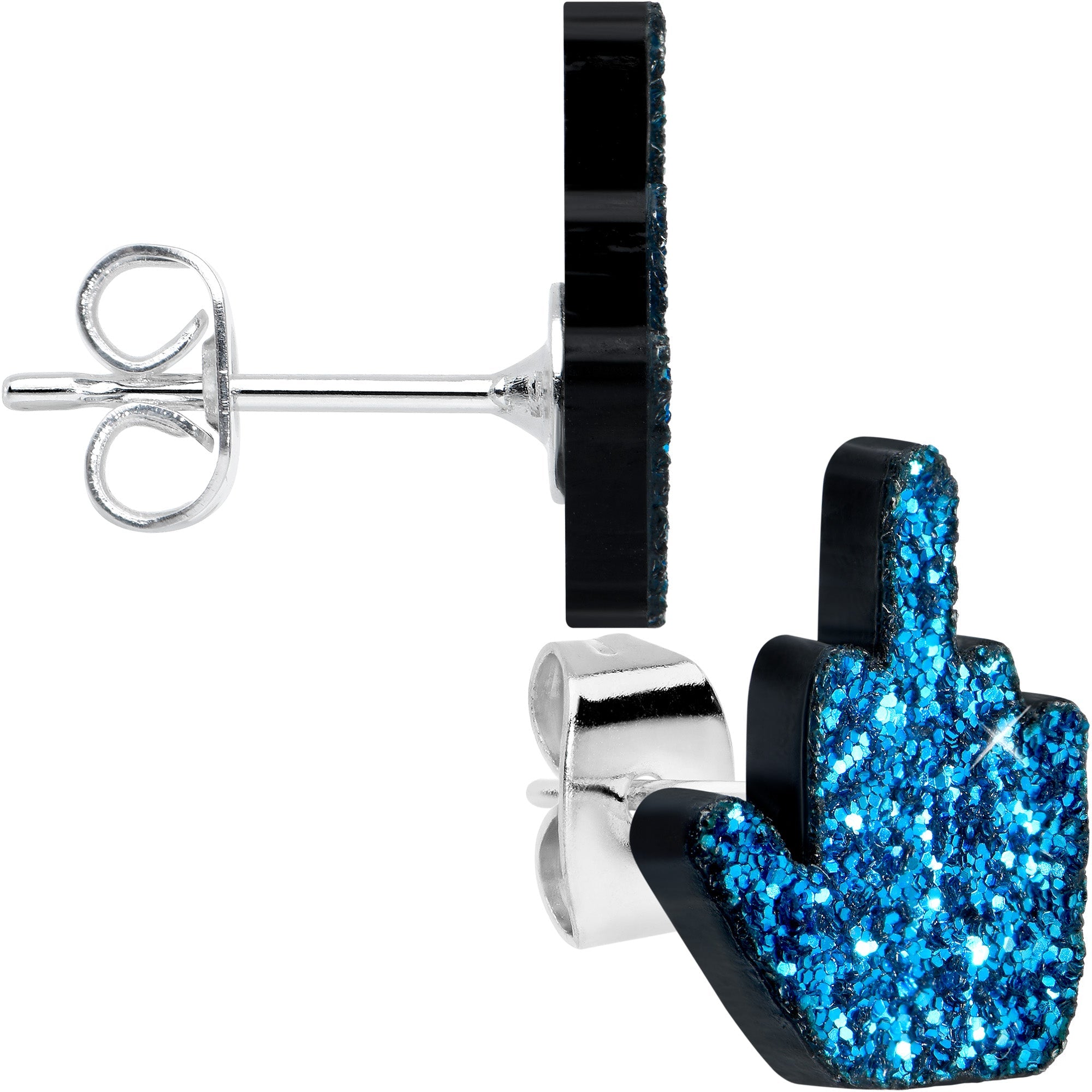 BodyCandy Blue Glitter Middle Finger Stud Earrings Set — detail close-up