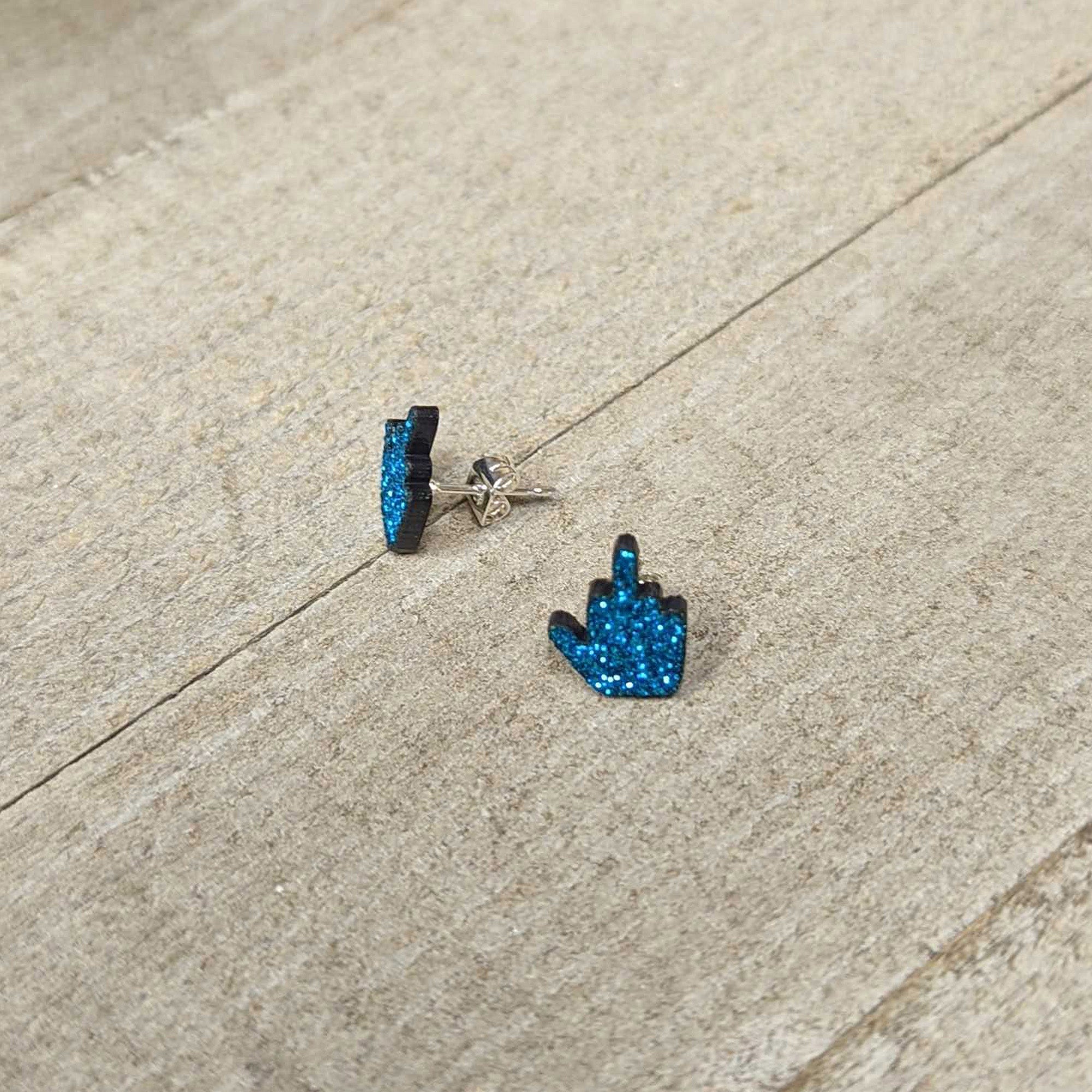 BodyCandy Blue Glitter Middle Finger Stud Earrings Set — lifestyle context