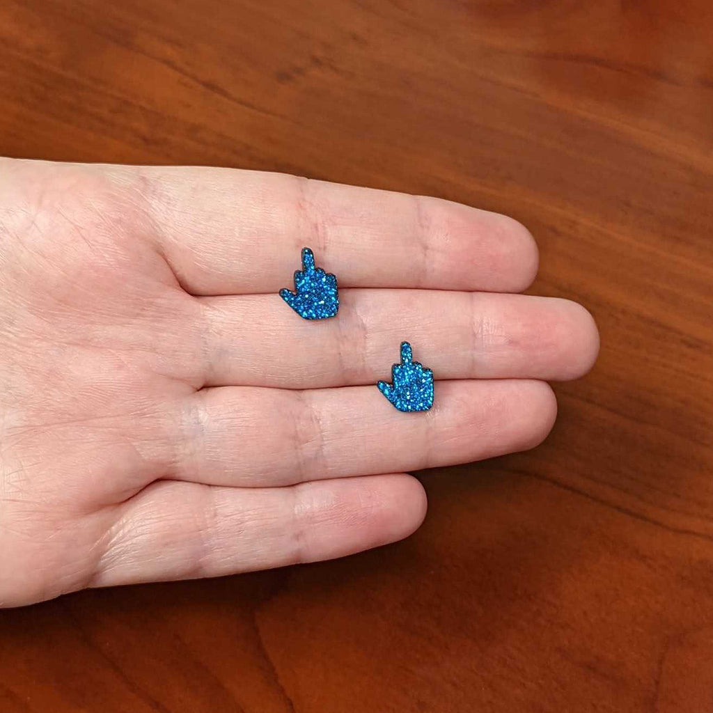BodyCandy Blue Glitter Middle Finger Stud Earrings Set — side view