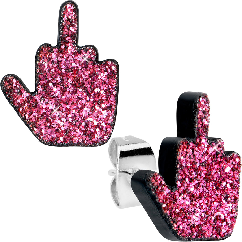 BodyCandy Pink Glitter Middle Finger Stud Earrings Set — main product shot
