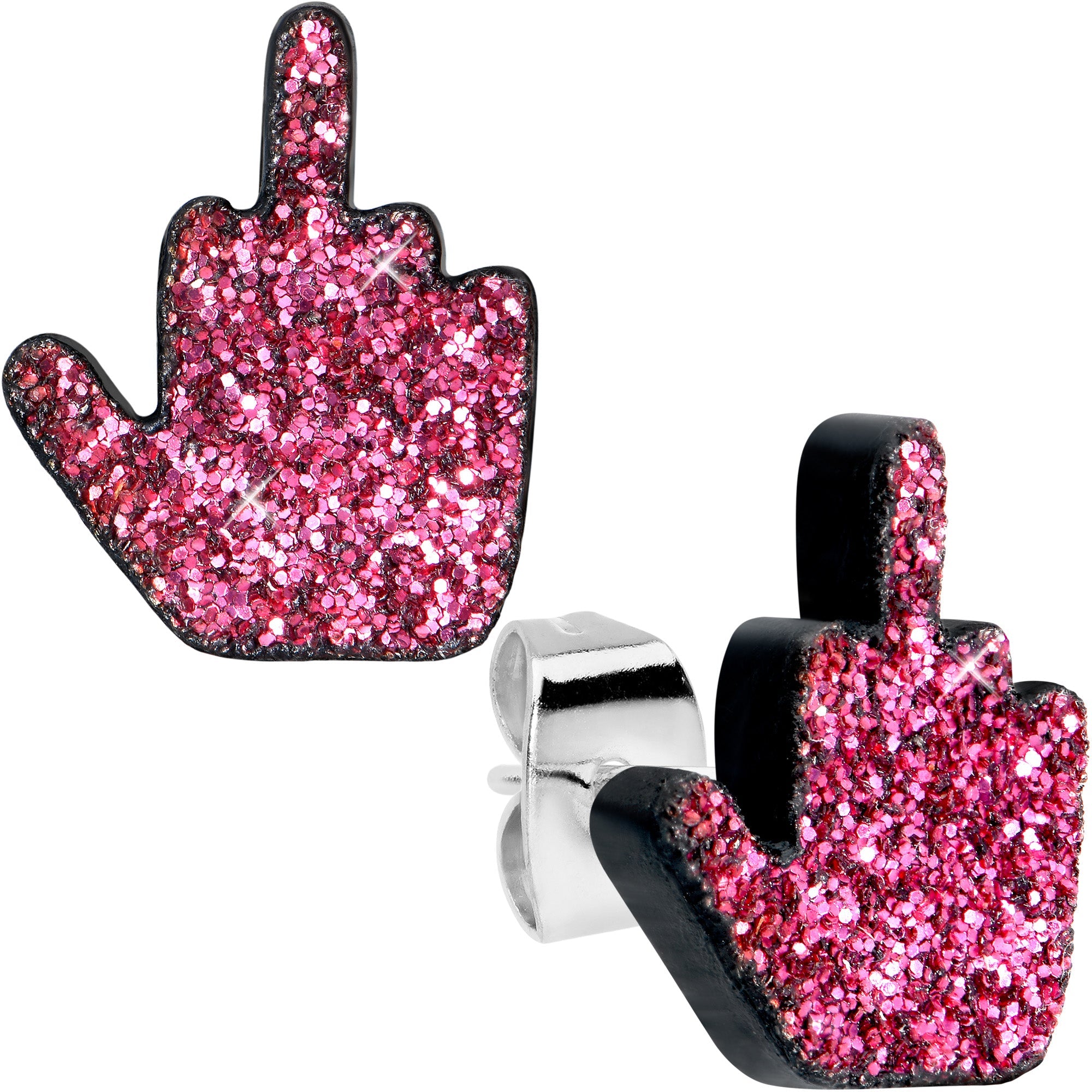BodyCandy Pink Glitter Middle Finger Stud Earrings Set — main product shot