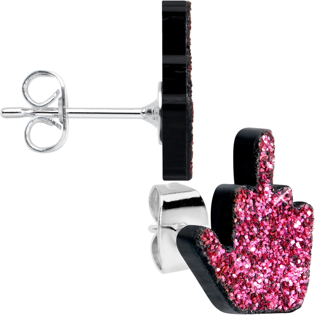 BodyCandy Pink Glitter Middle Finger Stud Earrings Set — detail close-up